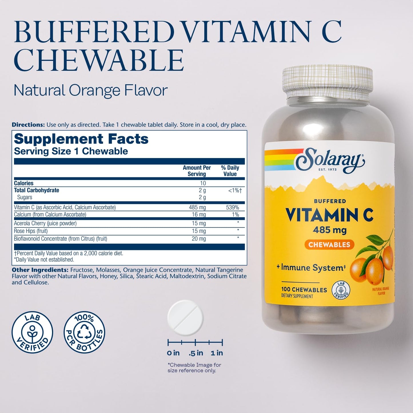 Pre-Order | Arrives in 5–10 Days – SOLARAY Chewable Vitamin C with Rose HIPS and Acerola Cherry - Buffered Vitamin C for Gentle Digestion - Immune Support Supplement - Natural Orange Flavor, 60-Day Guarantee, 100 Serv, 100 Chewables