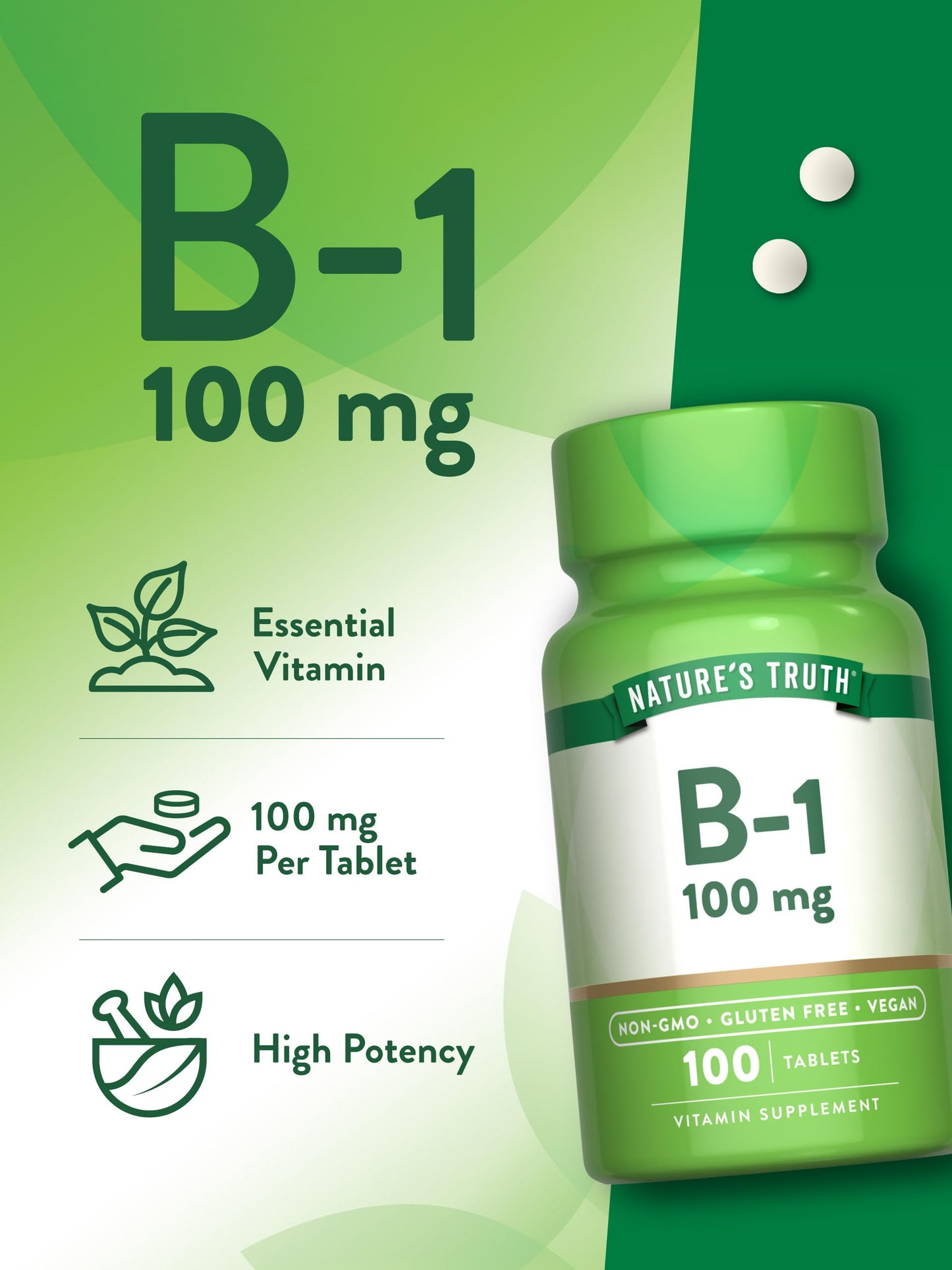 Nature's Truth Vitamin B1 100mg (Thiamine) | 100 Count | Vegan, Non-GMO & Gluten Free Supplement