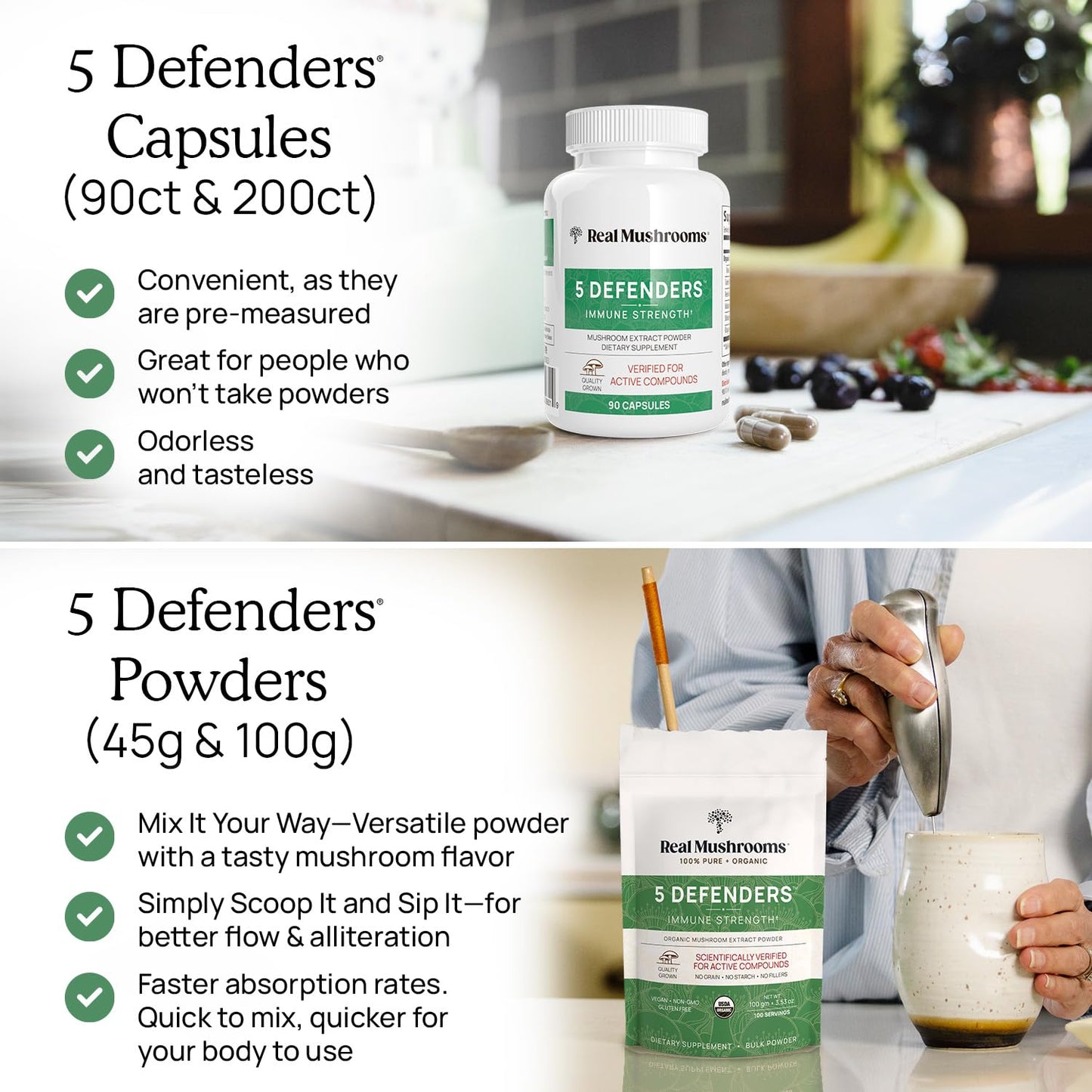 Real Mushrooms 5 Defenders - Adaptogenic Mushrooms Complex with Chaga, Reishi, Turkey Tail, Maitake & Shiitake for Wellness Support - Mushroom Beta Glucan Capsules - 90 Count