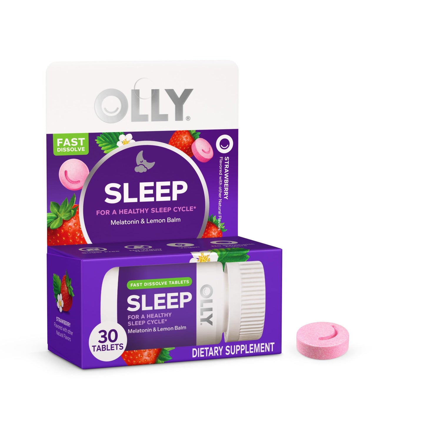 OLLY Sleep Fast Dissolves, 3mg Melatonin, Lemon Balm, Strawberry Flavor, 30 Day Supply - 30 Count