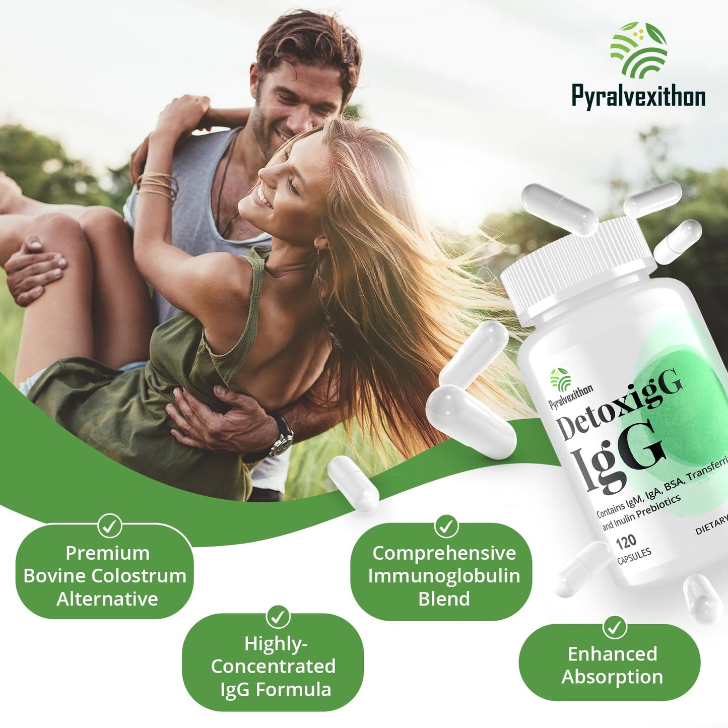 Pyralvexithon IgG Immunoglobulin Supplement - IgG, IgM, IGA & Inulin - Bovine Colostrum Supplement Alternative - Dairy-Free Bovine Immunoglobulin Capsules (120 Capsules)