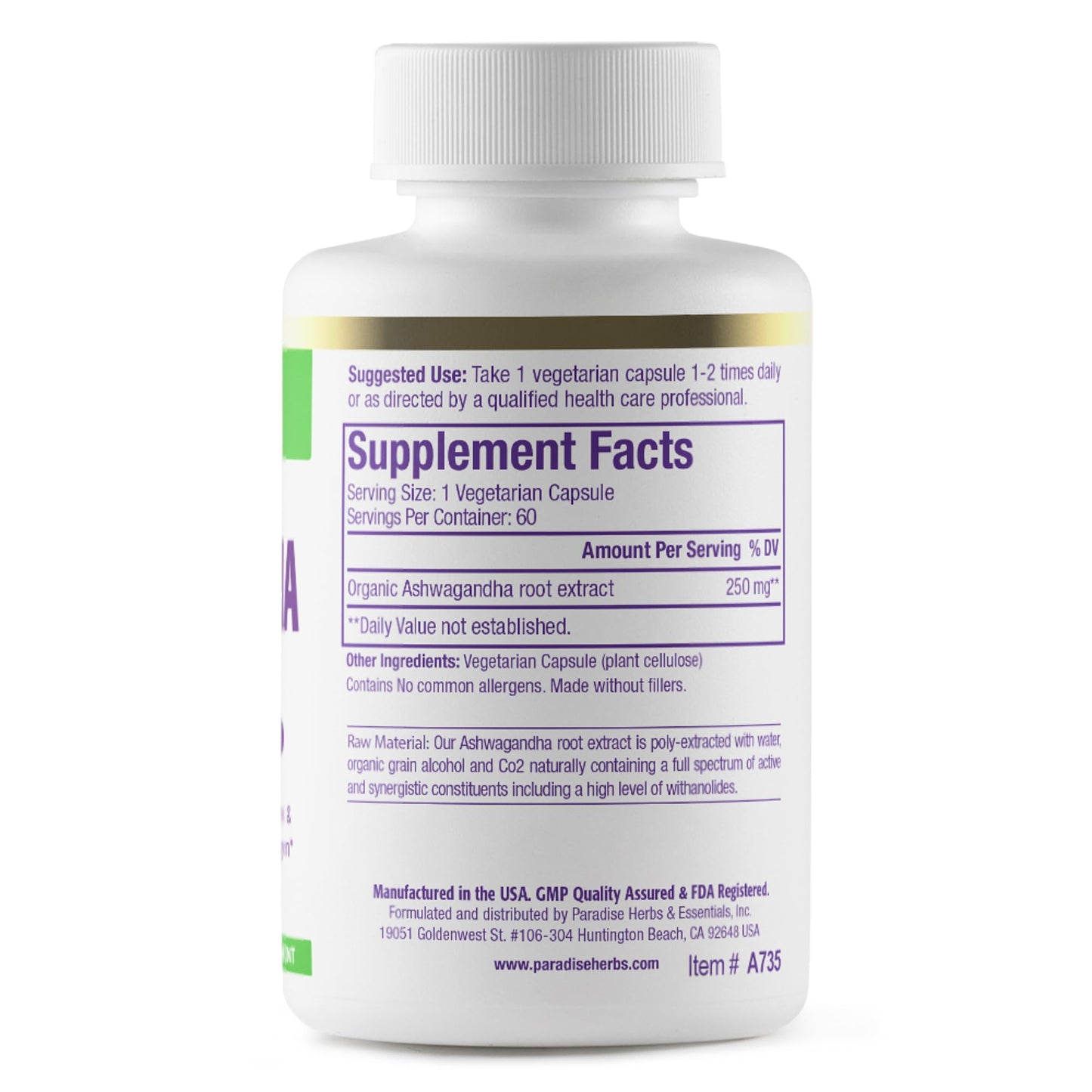 Paradise Herbs Organic Ashwagandha, Ayurvedic Adaptogen, Vegan, Non GMO, Gluten Free, 180 Vegetarian Capsules