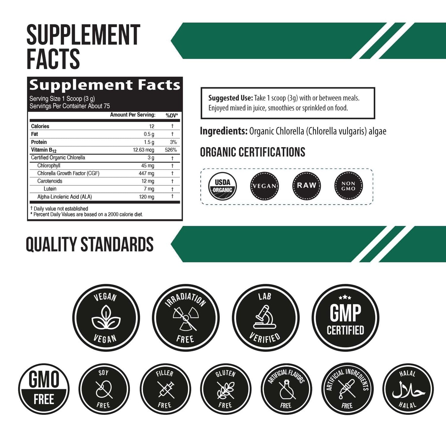 Organic Chlorella Powder – Raw & Sun-Grown – Nutrient-Dense Green Algae with CGF (Chlorella Growth Factor), Supports Overall Well-Being and Vitality – Vegan-Friendly – 75 Servings (225g)