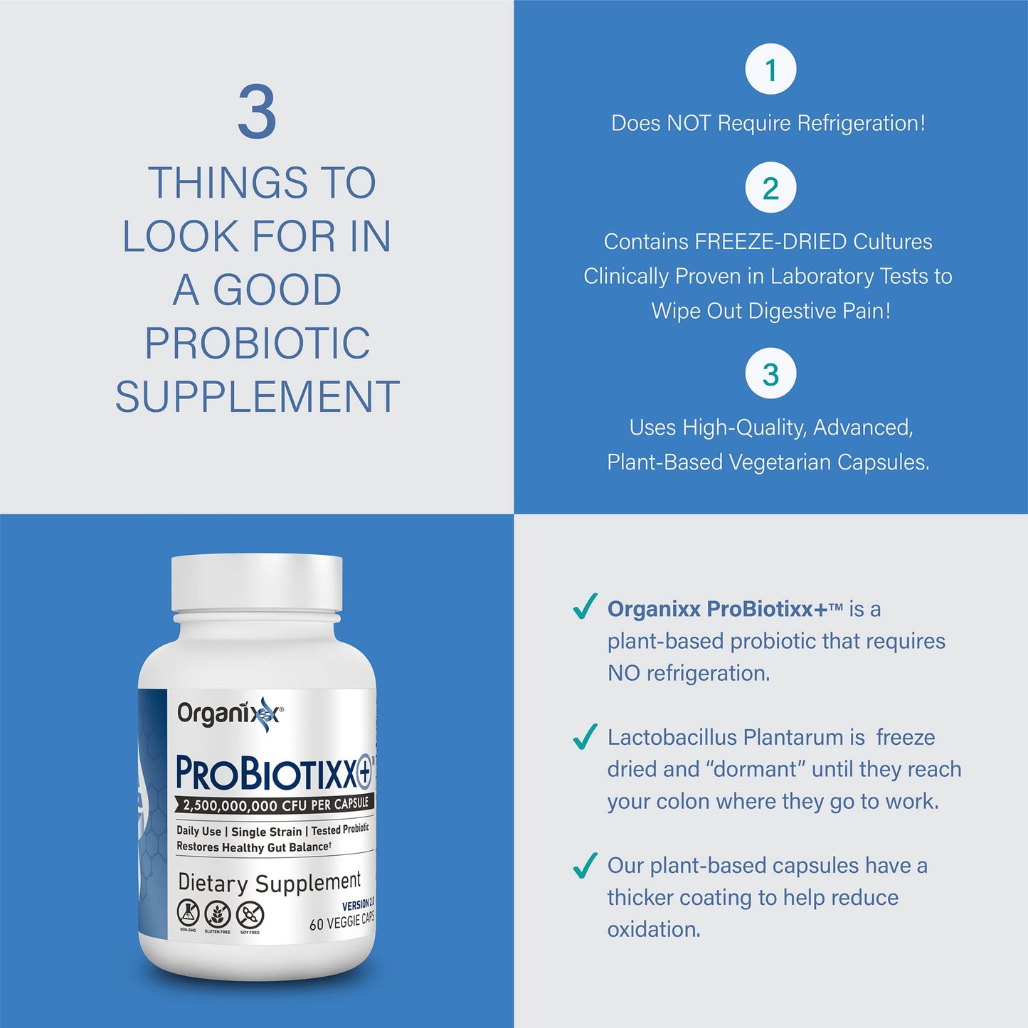 Organixx ProBiotixx+ Probiotic Supplement, Daily Probiotics for Women & Men For Digestive Health Gut Health, Immune Support, 2.5 Billion CFU, Gluten Free, Non GMO, Shelf Stable, 60 Vegetarian Capsules