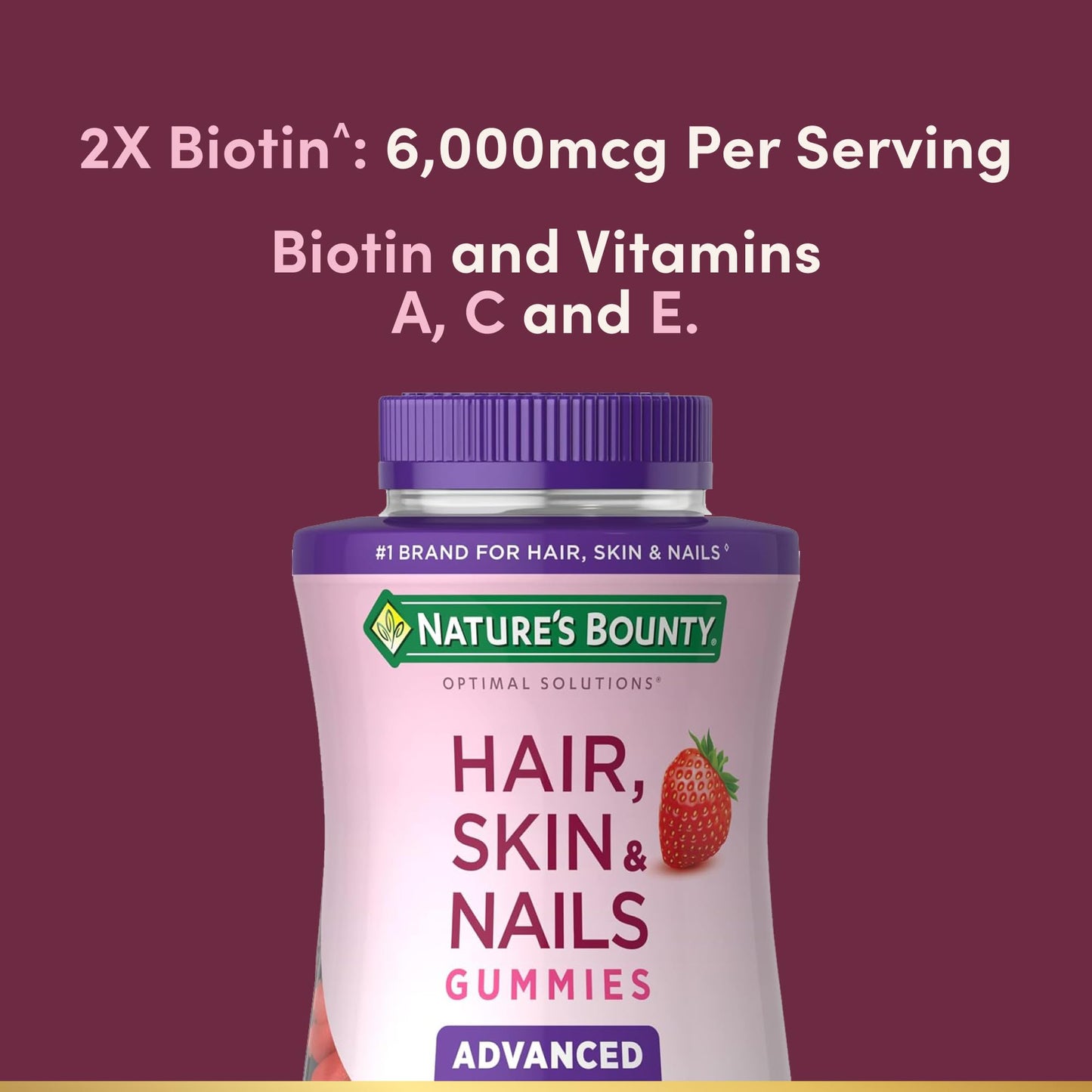 Nature's Bounty Optimal Solutions Advanced Hair, Skin, Nails, 2X Biotin, 200 Strawberry Gummies