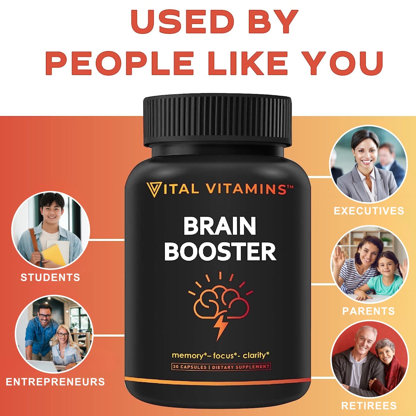Vital Vitamins Brain Supplements for Memory and Focus – Nootropic Brain Booster with Bacopa Monnieri, Ginkgo Biloba, Rhodiola – Caffeine-Free Support for Adults & Seniors – 30-Day Supply, 30 Capsules
