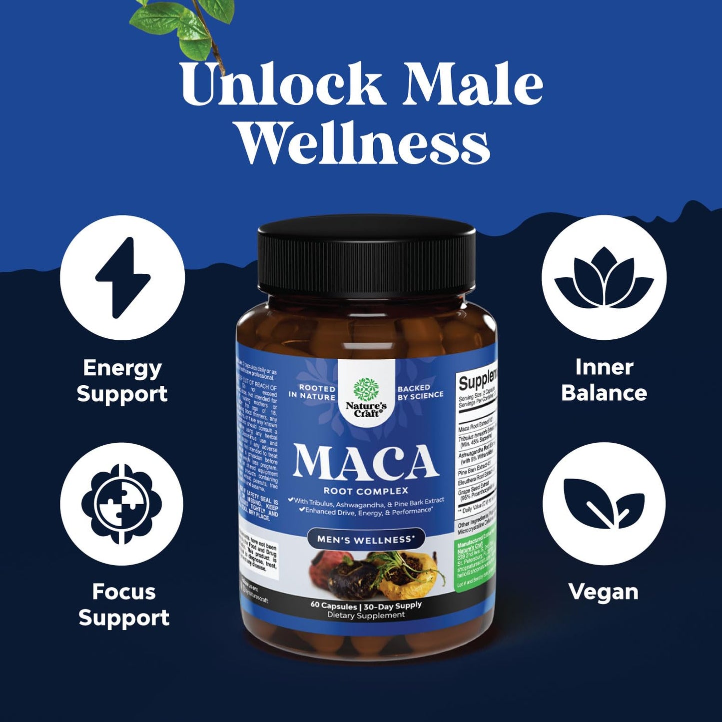 Potent Black Maca Root Capsules for Men - Herbal Wellness Supplement with Siberian Ginseng Ashwagandha and Black Maca Root - Men’s Wellness Supplement to Support General Health (30 Servings)