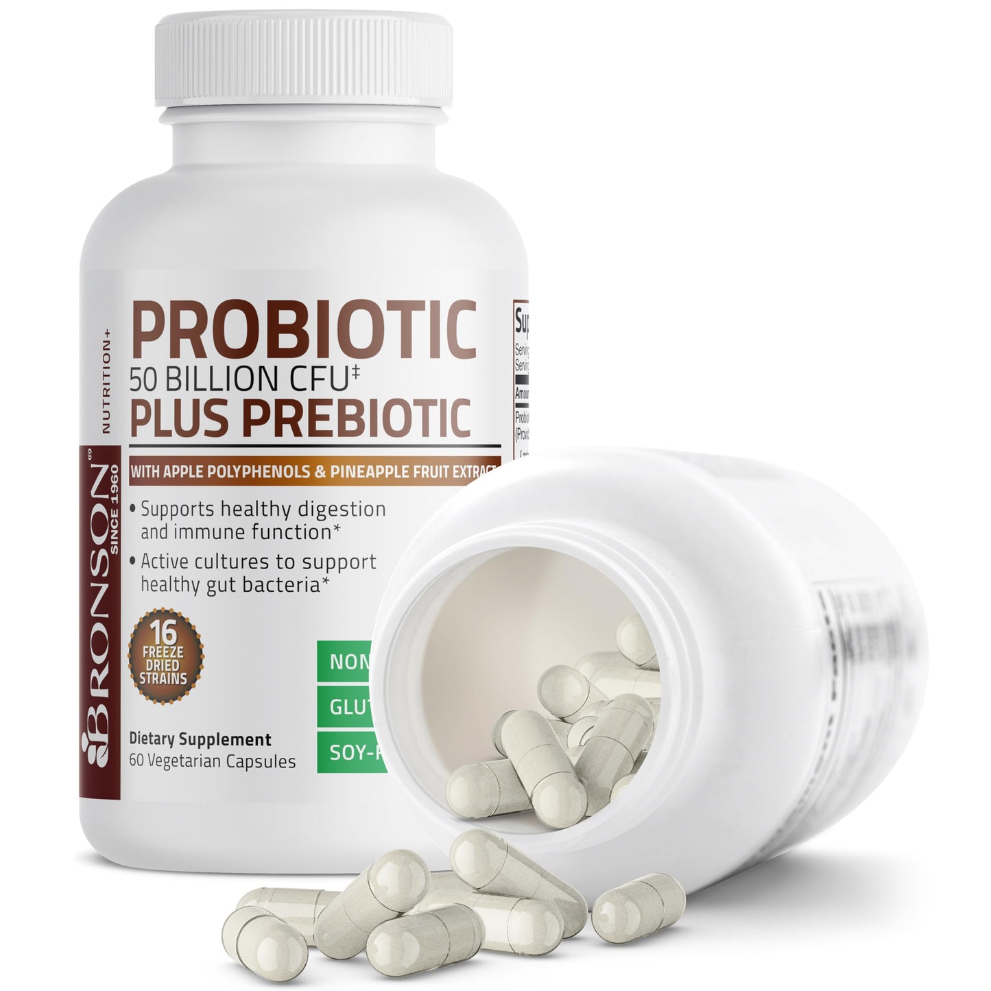 Bronson Probiotic 50 Billion CFU + Prebiotic with Apple Polyphenols & Pineapple Fruit Extract for Women & Men Non-GMO, 60 Vegetarian Capsules