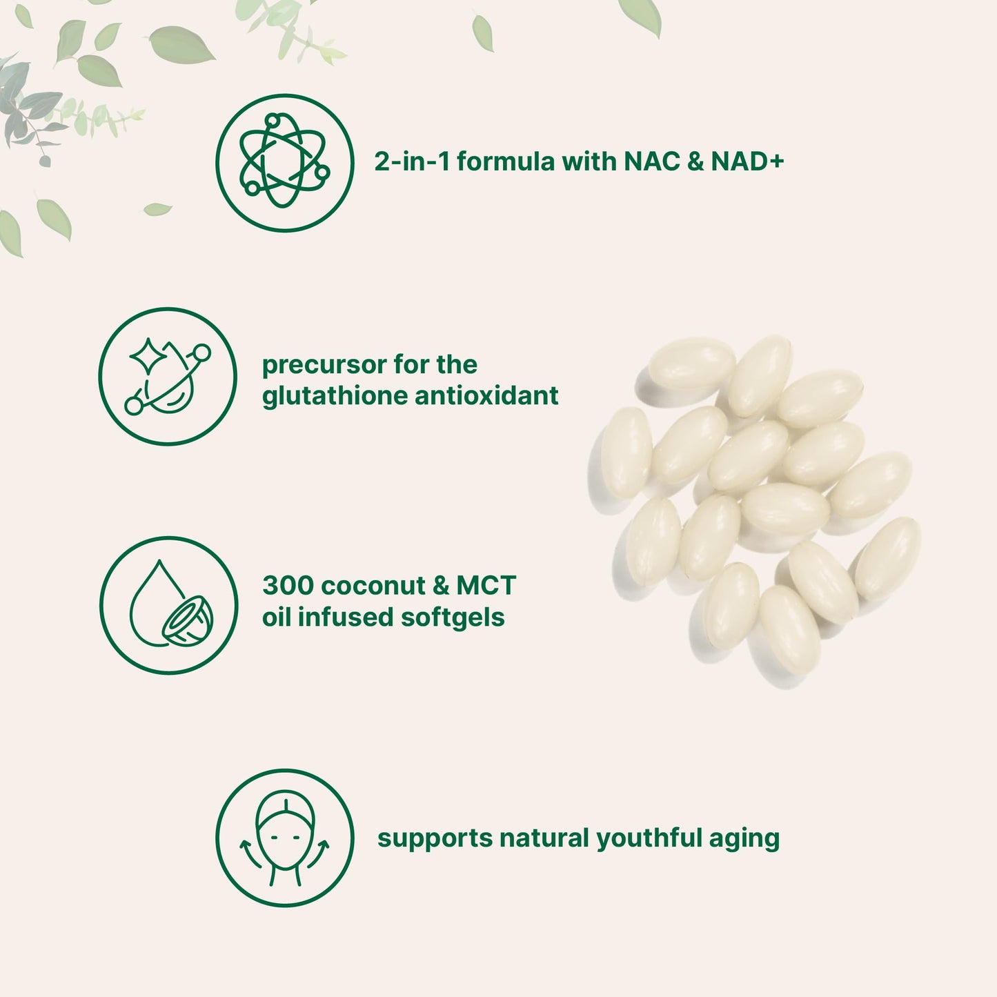 NAC 600mg with NAD+, 300 Coconut MCT Oil Softgels | N Acetyl L Cysteine & Nicotinamide Forms for Better Absorption | Antioxidant Supplement | Promotes Energy & Youthful Aging | Non-GMO