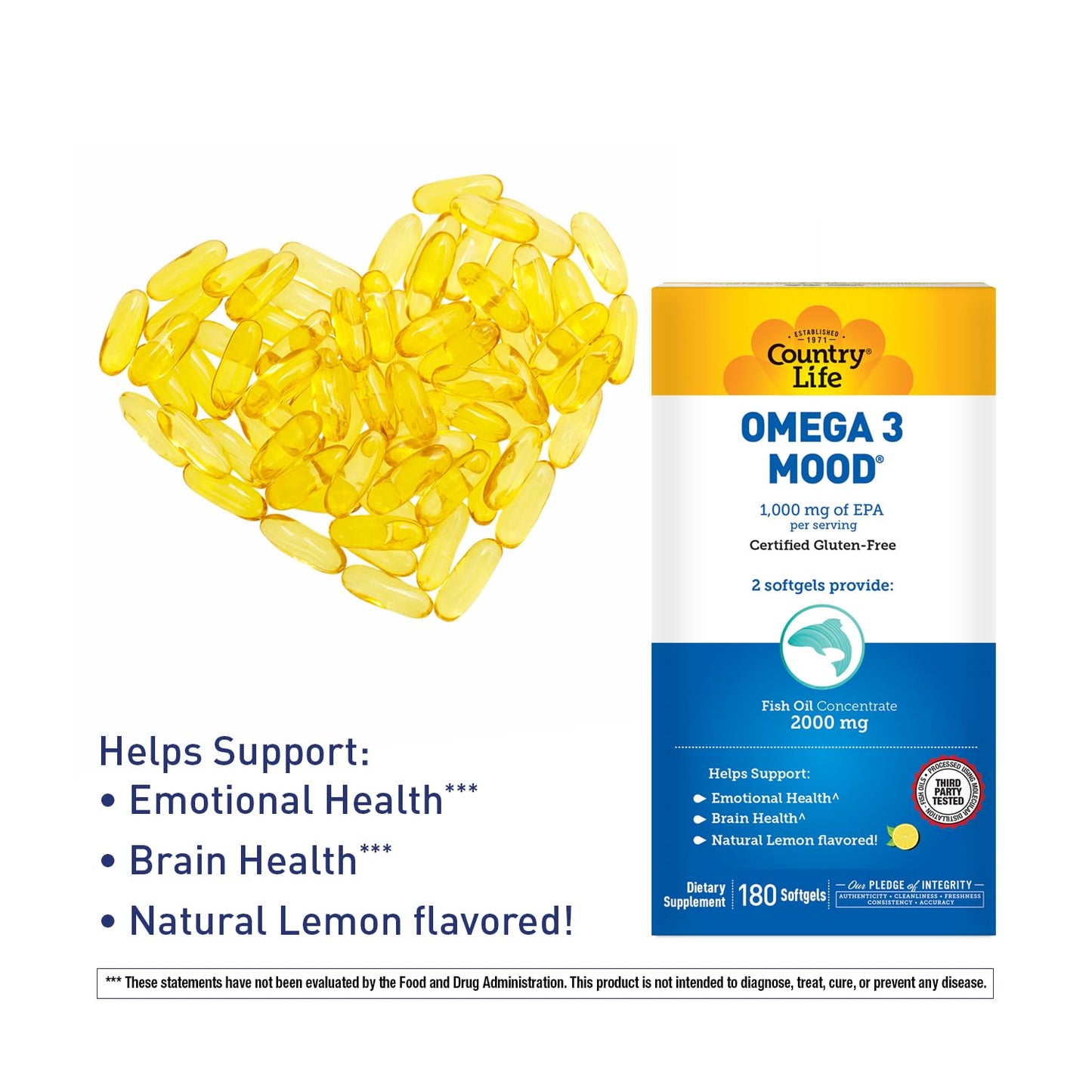 Pre-Order | Arrives in 5–10 Days – Country Life Omega 3 Fish Oil Supplement - High Concentration EPA and DHA Omega 3 Fatty Acids - 2000mg Fish Oil for Emotional Health, Mood Support, and No Fish Taste - Natural Lemon Flavor