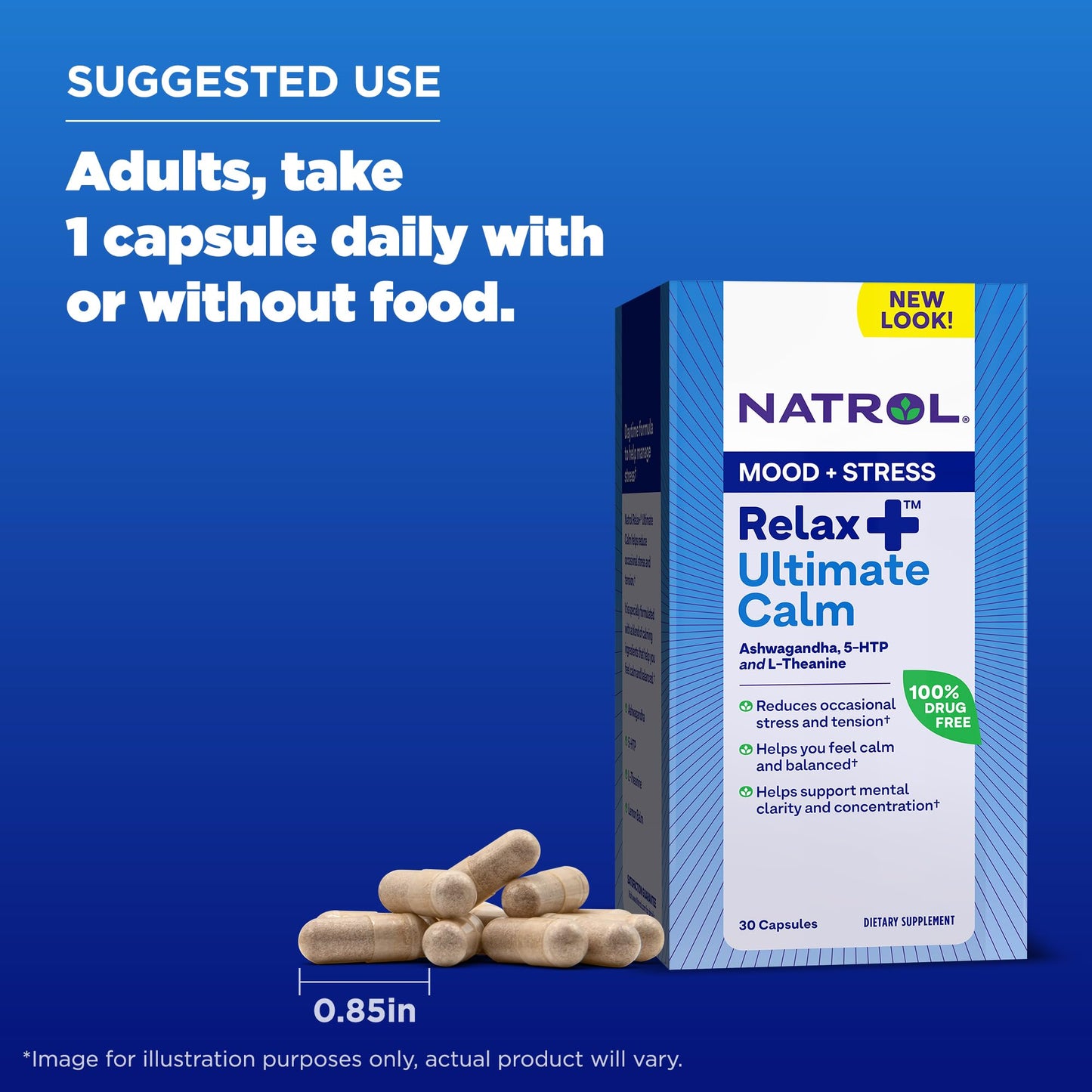 Natrol Relax+ Ultimate Calm with Ashwagandha, 5-HTP, L-Theanine and Lemon Balm, Drug-Free Dietary Supplement Helps Reduce Occasional Stress & Tension, 30 Capsules, 30 Day Supply