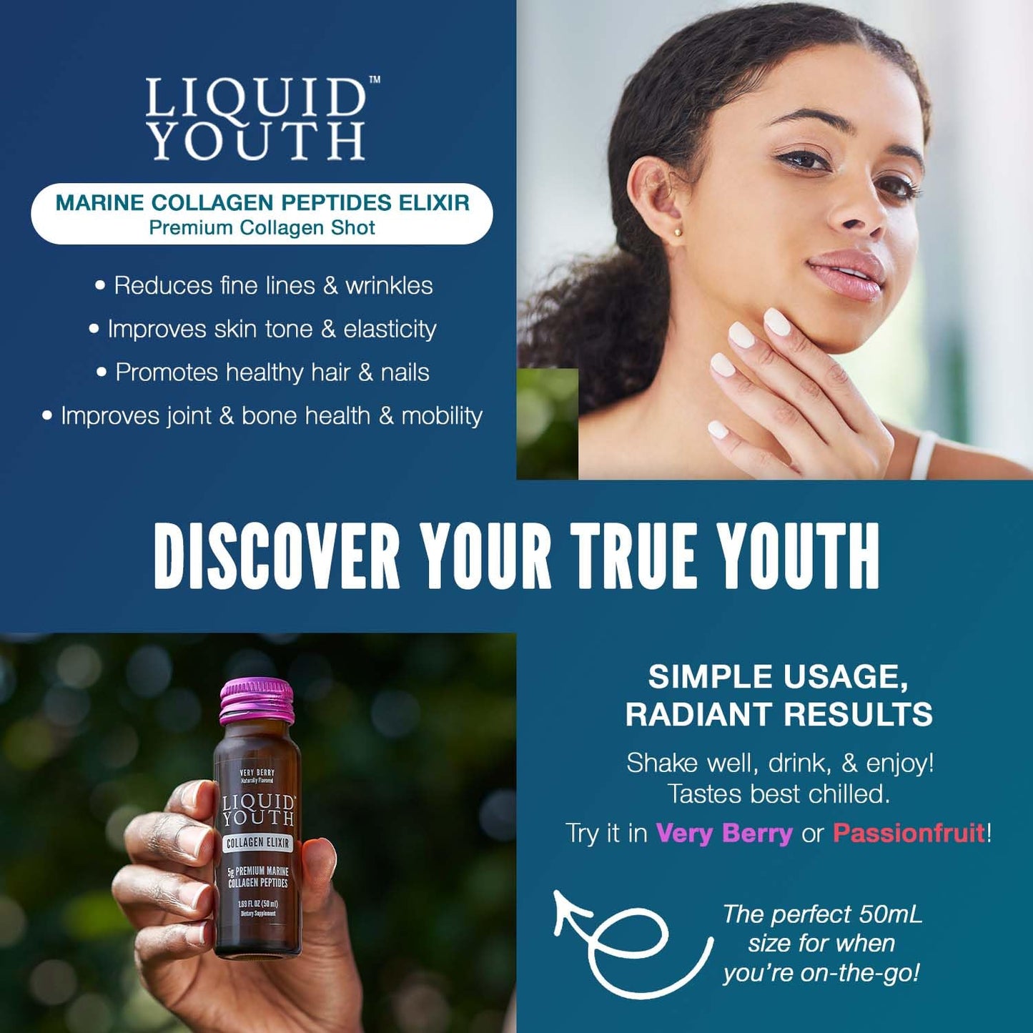 LIQUID YOUTH Liquid Collagen Elixir Shot for Women & Men - Premium Liquid Marine Collagen for Hair Growth, Skin, Nail, Bone & Joint Health - Travel-Friendly (Very Berry, 10 Servings Per Box)