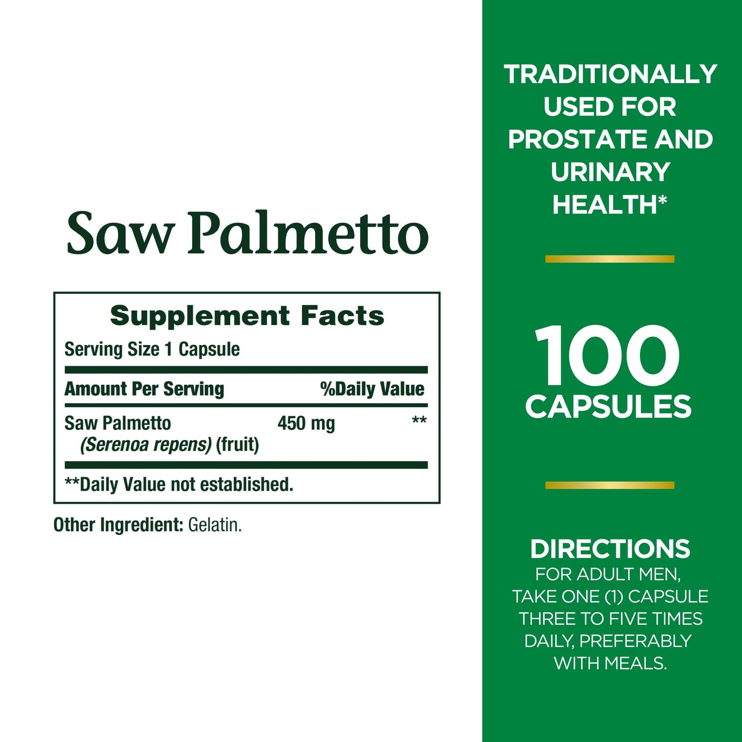 Nature's Bounty Saw Palmetto, Herbal Health Supplement, Prostate and Urinary Health, 450 mg, 100 Capsules