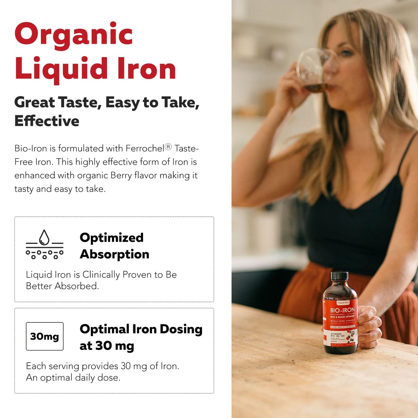 Liquid Iron Supplement | Organic Certified, Berry Flavor - Whole Food Vitamin C Absorption Boost & Blood Building B Vitamins - Methyl B12, L-Methylfolate & B6 - Supports Healthy Iron Levels - 7.6 oz