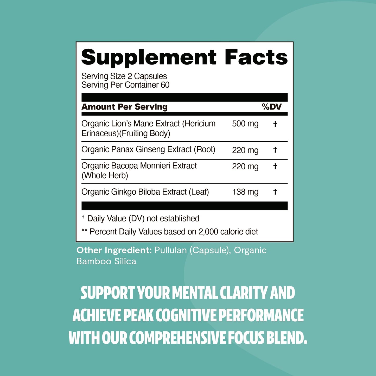 FreshCap 4-in-1 Focus Supplement - Brain Supplements for Memory and Focus - Memory Supplement for Brain, Brain Booster Supplement, Lions Mane Extract, Ayurveda Ginseng (120 Capsules)