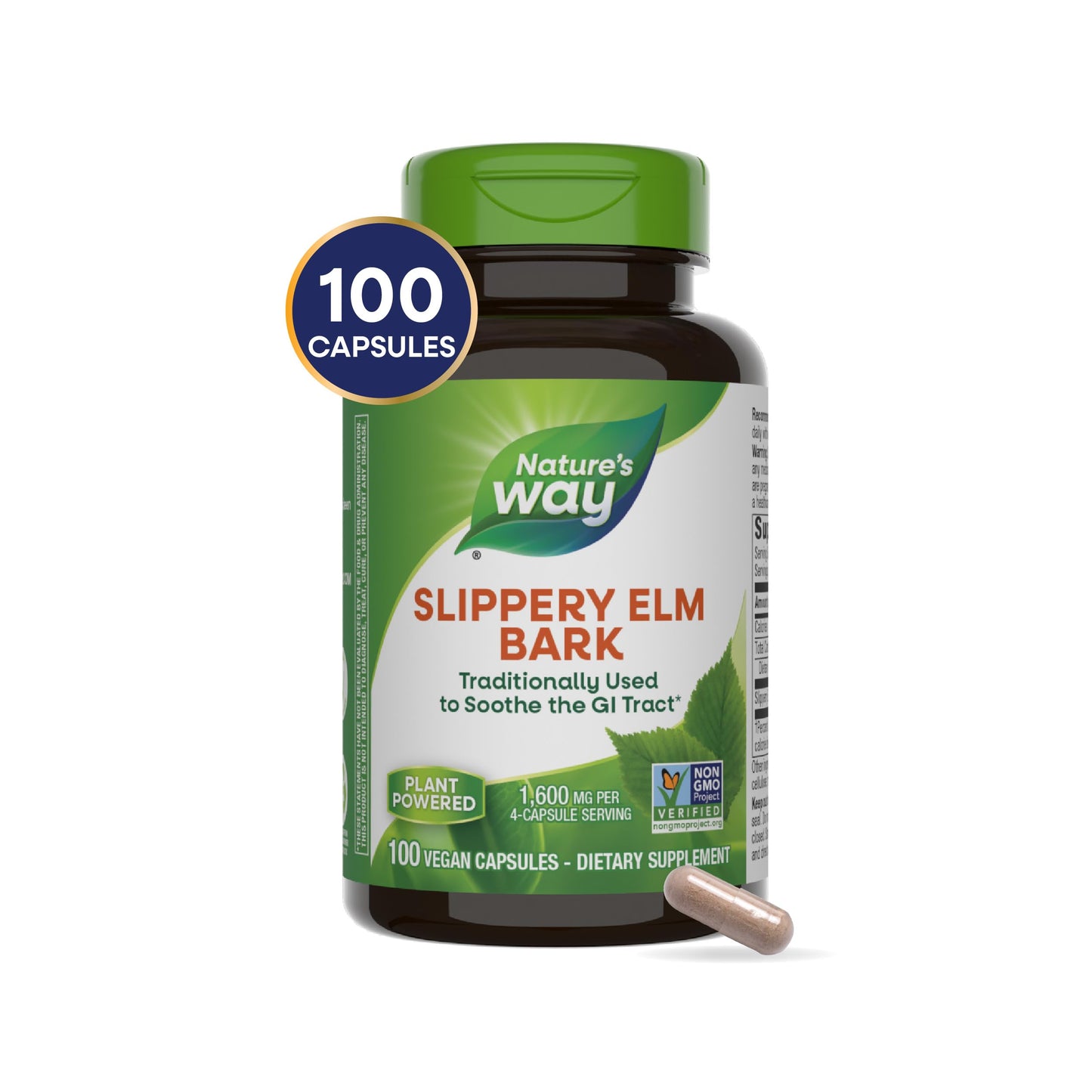 Nature's Way Slippery Elm Bark, Traditional Support to Soothe the GI Tract*, Vegan, 100 Capsules