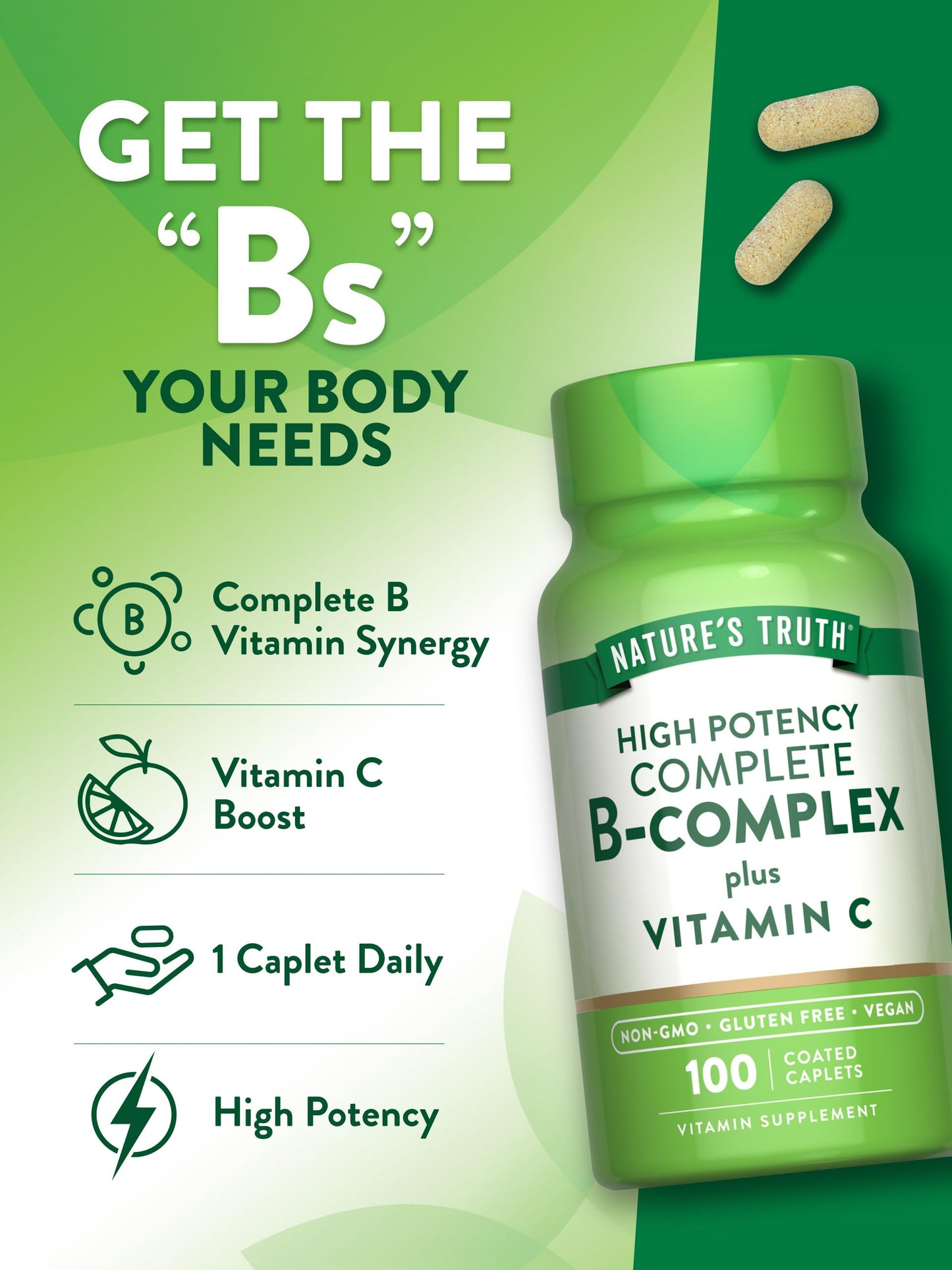 Nature's Truth Vitamin B Complex Plus Vitamin C | 100 Caplets | Vegan, Non-GMO & Gluten Free Supplement