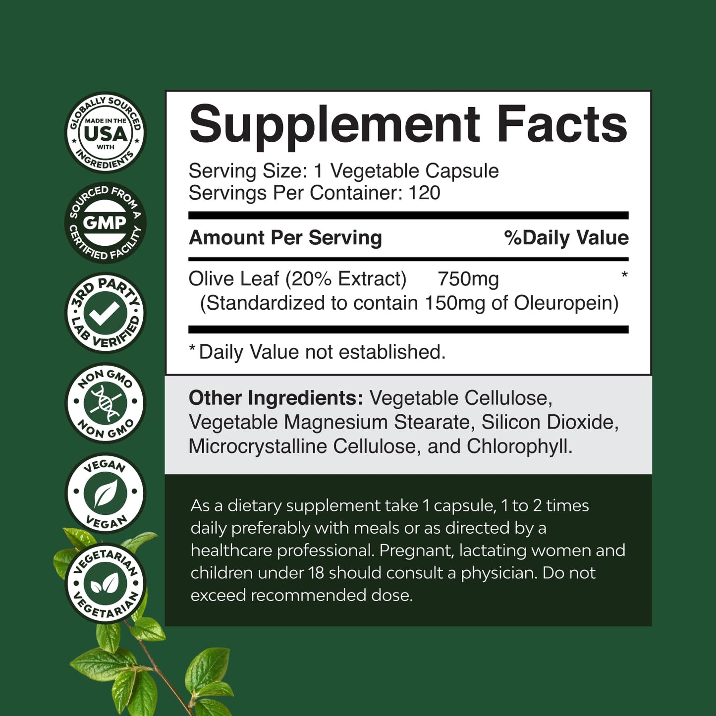 Potent Olive Leaf Extract Capsules - High Strength Antioxidant Supplement with Pure Olive Leaf with 20% Oleuropein - Herbal Heart Health Supplement - Vegan Non-GMO & Gluten Free (4 Month Supply)