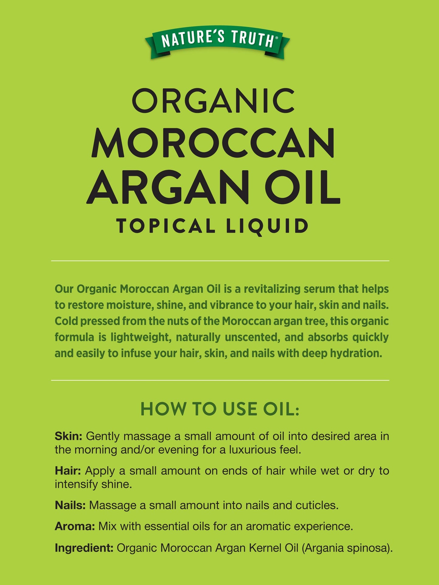 Nature's Truth Moroccan Argan Oil | 2 fl oz | USDA Organic | for Hair, Skin, and Nails | Paraben & Gluten Free
