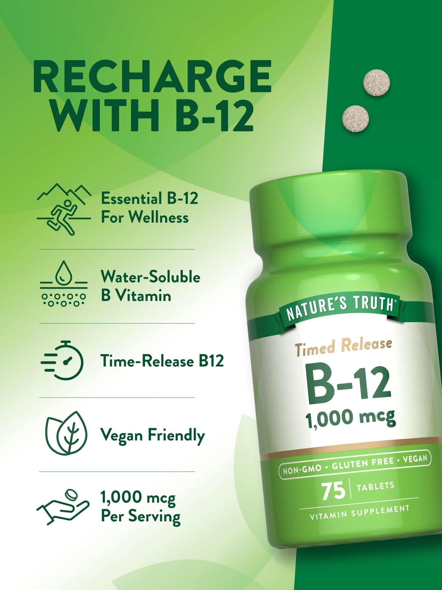 Nature's Truth B12 Vitamin Supplement | 1000 mcg | 75 Timed Release Tablets | Vegan, Non-GMO & Gluten Free