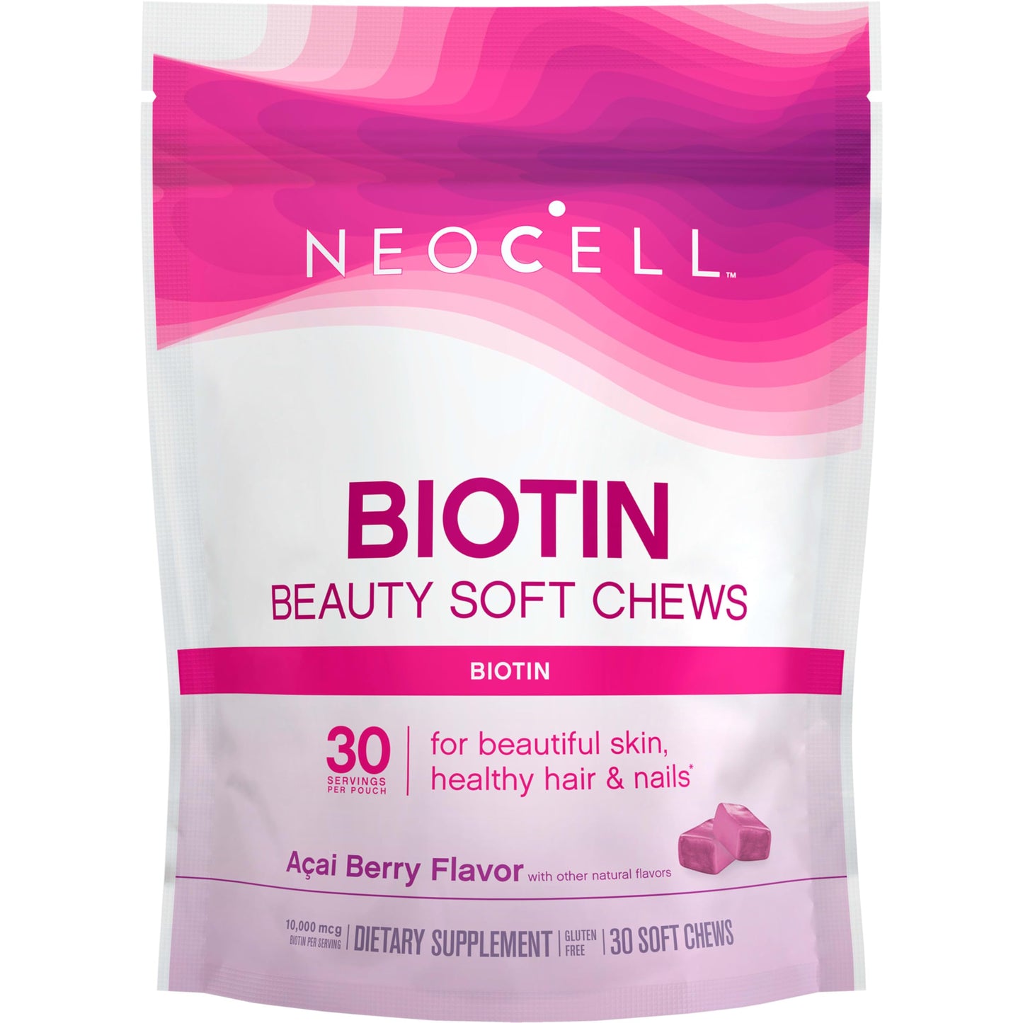 NeoCell Biotin Beauty Soft Chews, For Healthy Skin, Hair, Nails, Energy Support Supplement, Acai Berry Flavor, Soft Chews, 30 Count, 1 Bag