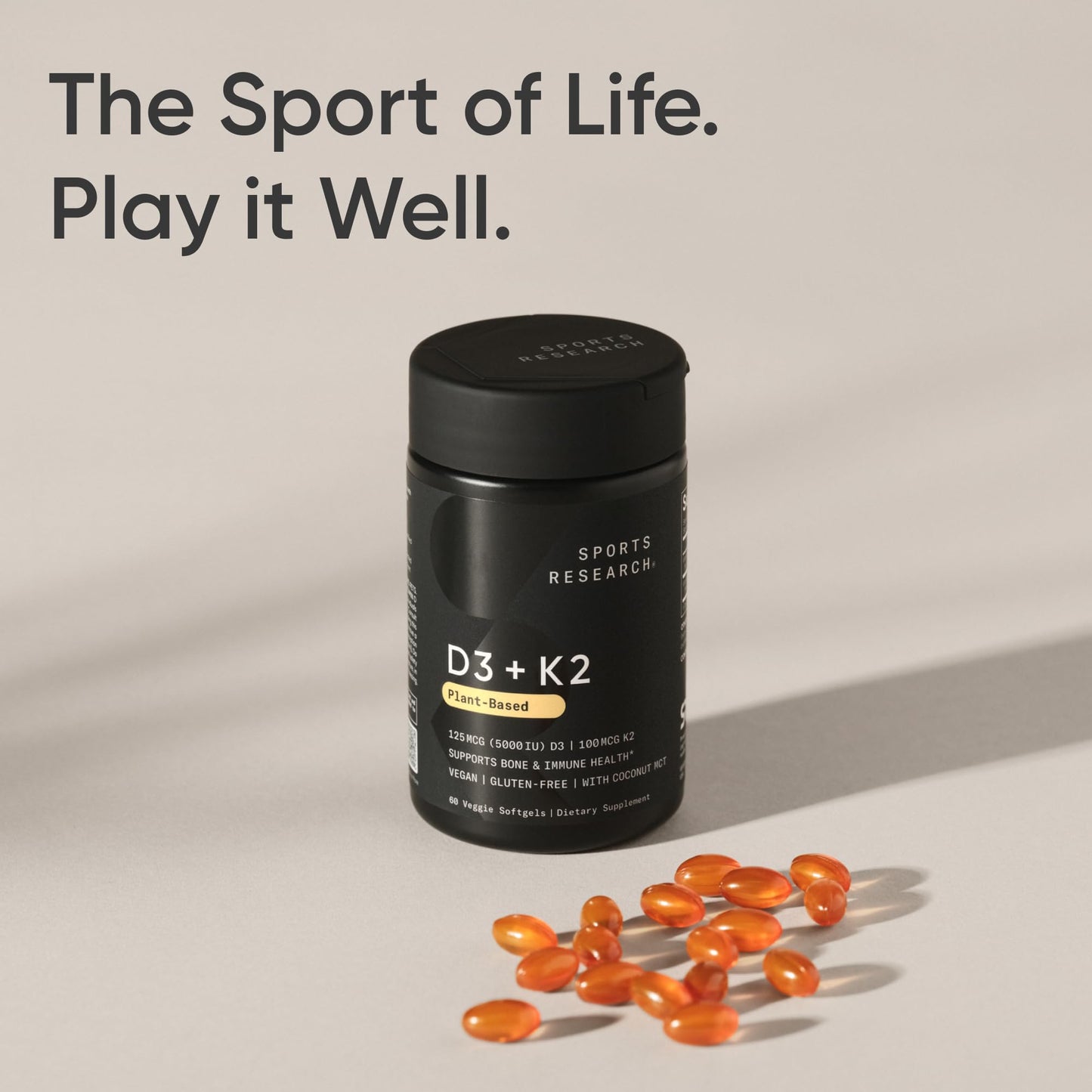 Sports Research® Vegan D3 5000iu with Vitamin K2 100mg - Formulated with Coconut MCT Oil - Vegan Certified, Soy & Gluten Free - 60 Softgels