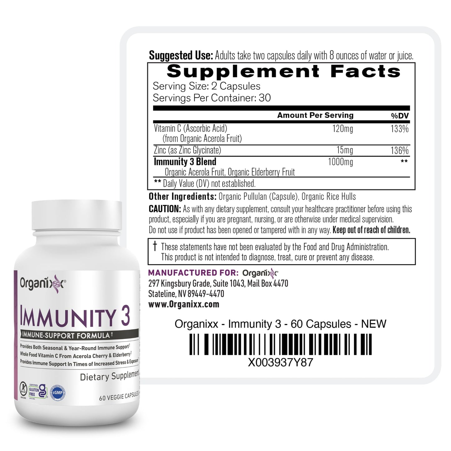 Organixx Immunity 3 Immune Support Supplement – Vitamin C, Zinc, Elderberry – Whole Food Immune Defense for Adults & Kids, Greater Absorption, Non GMO, 60 Capsules