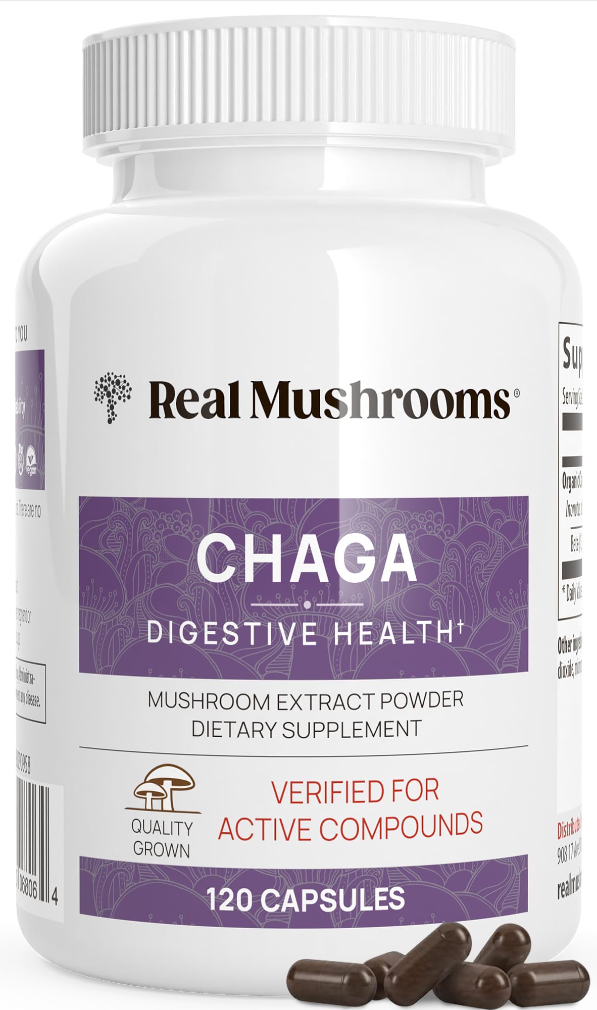 Real Mushrooms Chaga Mushroom Capsules – Organic Chaga Extract Powder with Extract Powder for Wellness & Energy Support– Vegan, Non-GMO, 120 Capsules – Organic Mushroom Supplement