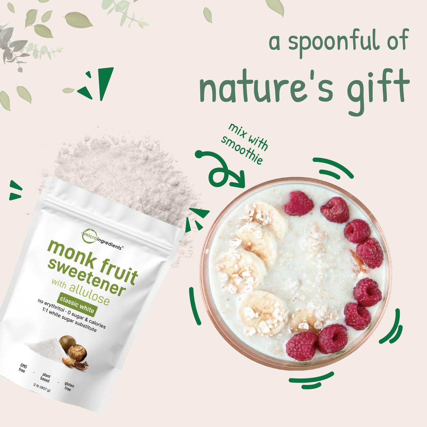 Monk Fruit Sweetener with Allulose, 2 lbs Granular | No Erythritol | No Aftertaste, 1:1 White Sugar Substitute, Keto & Vegan Friendly, Zero Calorie | Great for Drinks, Coffee, Tea, Cookies | Non-GMO