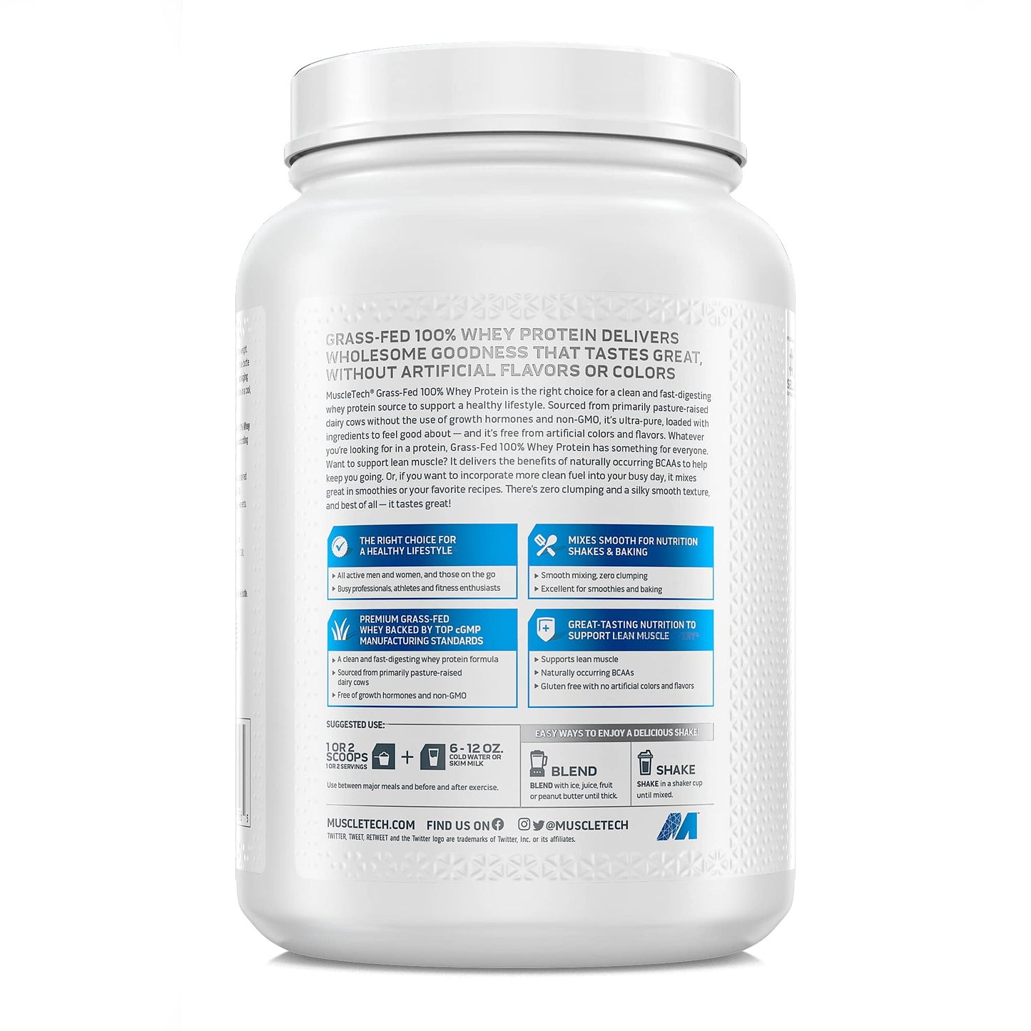 MuscleTech Grass Fed Whey Protein Powder for Muscle Gain, Growth Hormone Free, Non-GMO, Gluten Free, 20g Protein + 4.3g BCAA, Triple Chocolate, 1.8 lbs (Pack of 2)