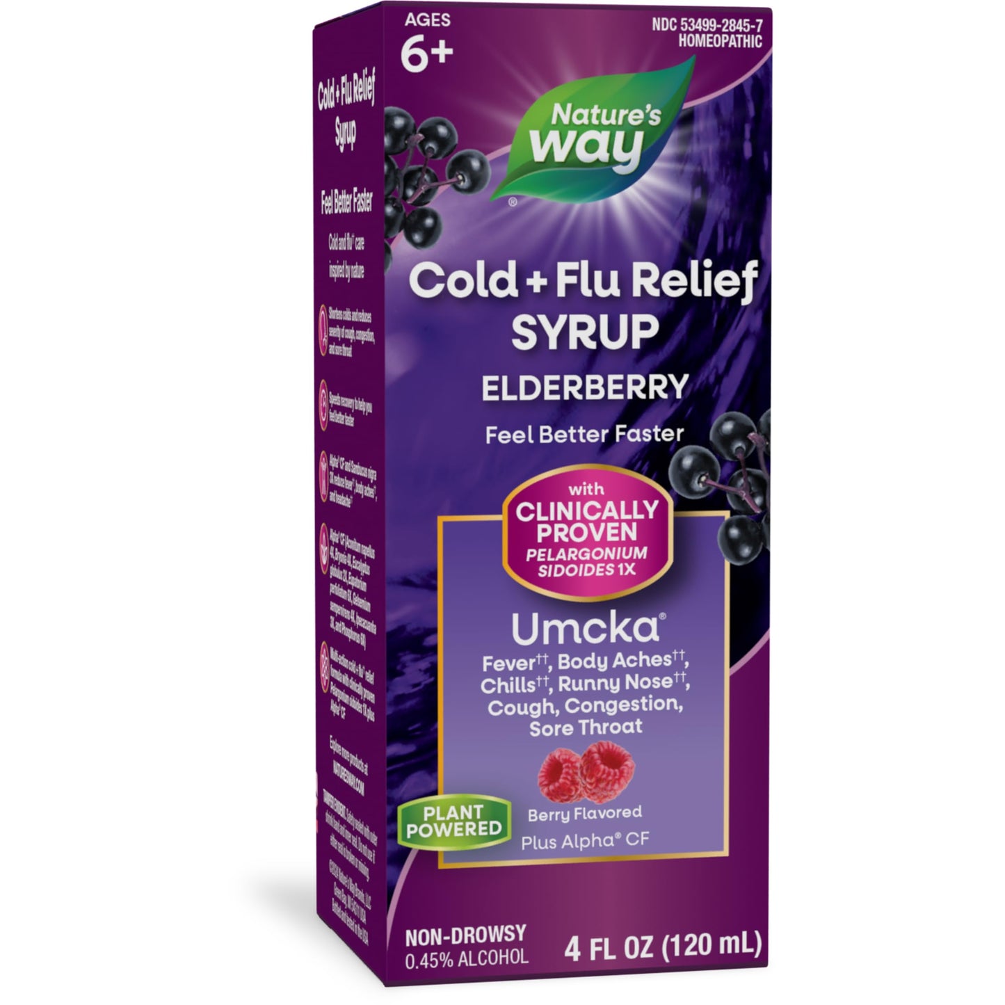 Nature's Way Cold + Flu Relief Syrup*, Umcka, Sore Throat, Cough, Congestion, Fever*, Body Aches*, Phenylephrine Free, Homeopathic, Non-Drowsy, Berry Flavored, 4 Fl Oz (Packaging May Vary)