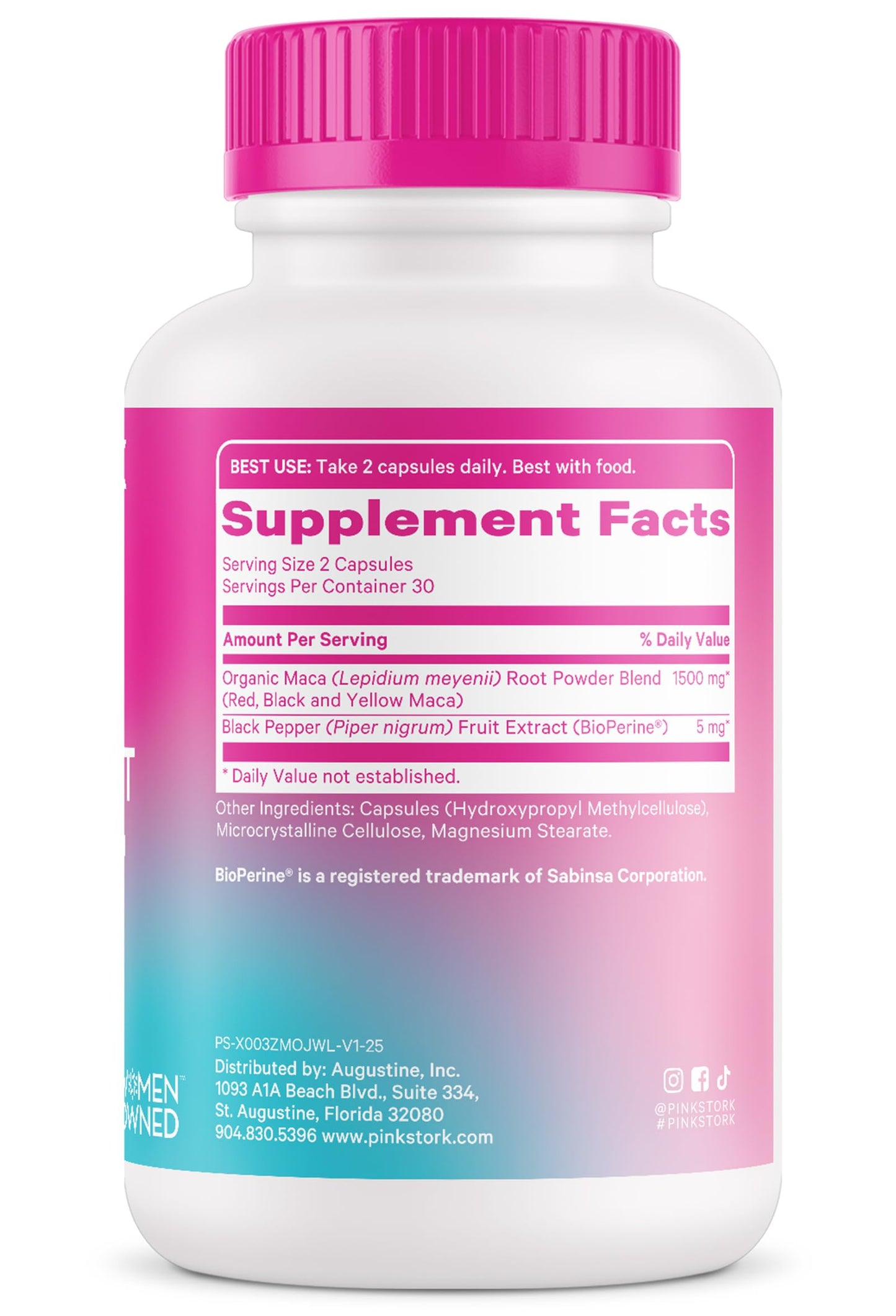 Pink Stork Maca Root Capsules for Women - Energy and Mood Support for Women, 1500 mg Organic Maca Root + BioPerine, Hormone Balance & Energy, PMS, Perimenopause, Menopause - 60 Capsules