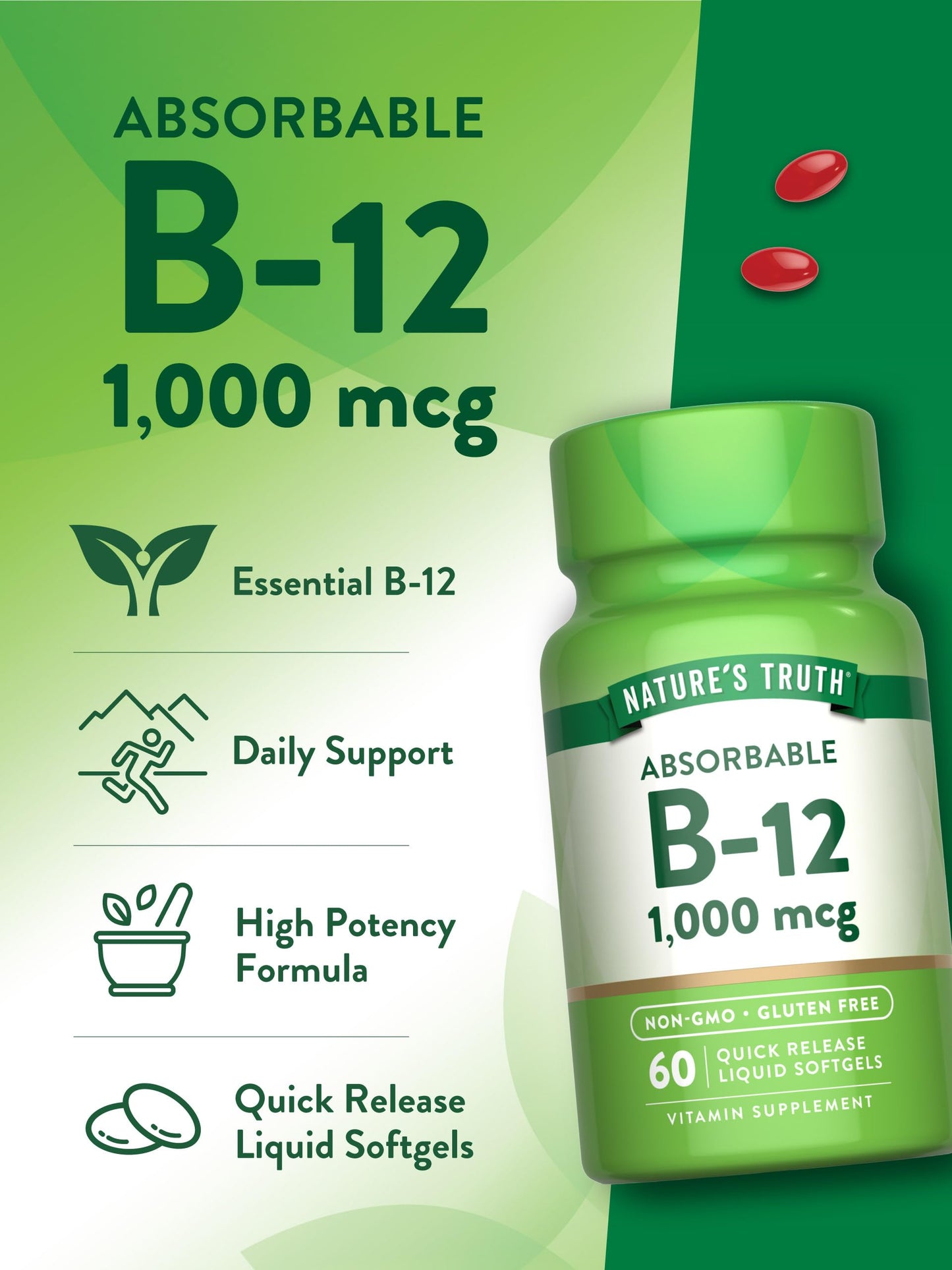 Nature's Truth Vitamin B12 | 1000 mcg | 60 Softgels | Non-GMO & Gluten Free Supplement