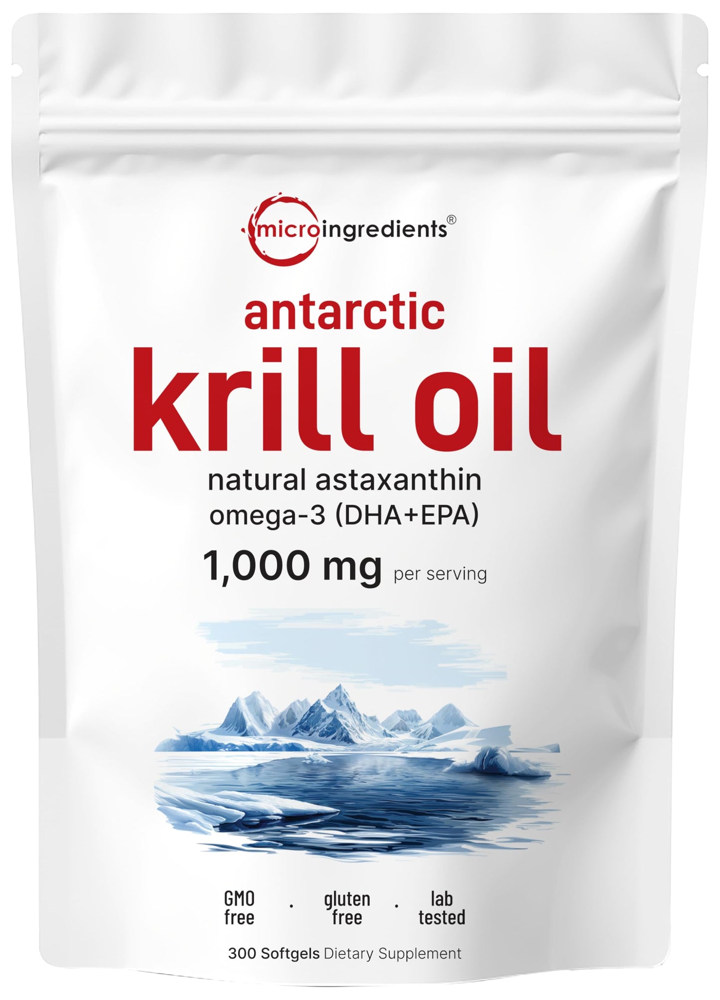 Micro Ingredients Antarctic Krill Oil Supplement with Natural Astaxanthin, 1000mg Per Serving, 300 Soft-Gels, Rich in Omega-3s EPA & DHA, Supports Immune System & Brain Health, Easy to Swallow