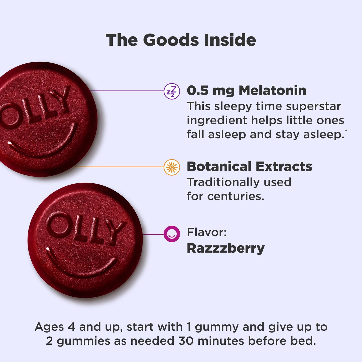 OLLY Kids Sleep Gummies, 0.5mg Melatonin, L Theanine, Chamomile, and Lemon Balm, Raspberry - 70 Count