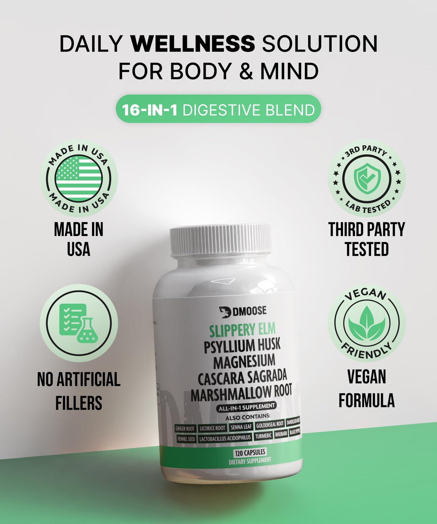 16 in 1 Slippery Elm Bark for Women & Men - Digestive Health & Leaky Gut Wellness Supplement - Probiotic, Psyllium Husk, Cascara, Magnesium & Marshmallow Root Complex - DGL Licorice Extract Capsules