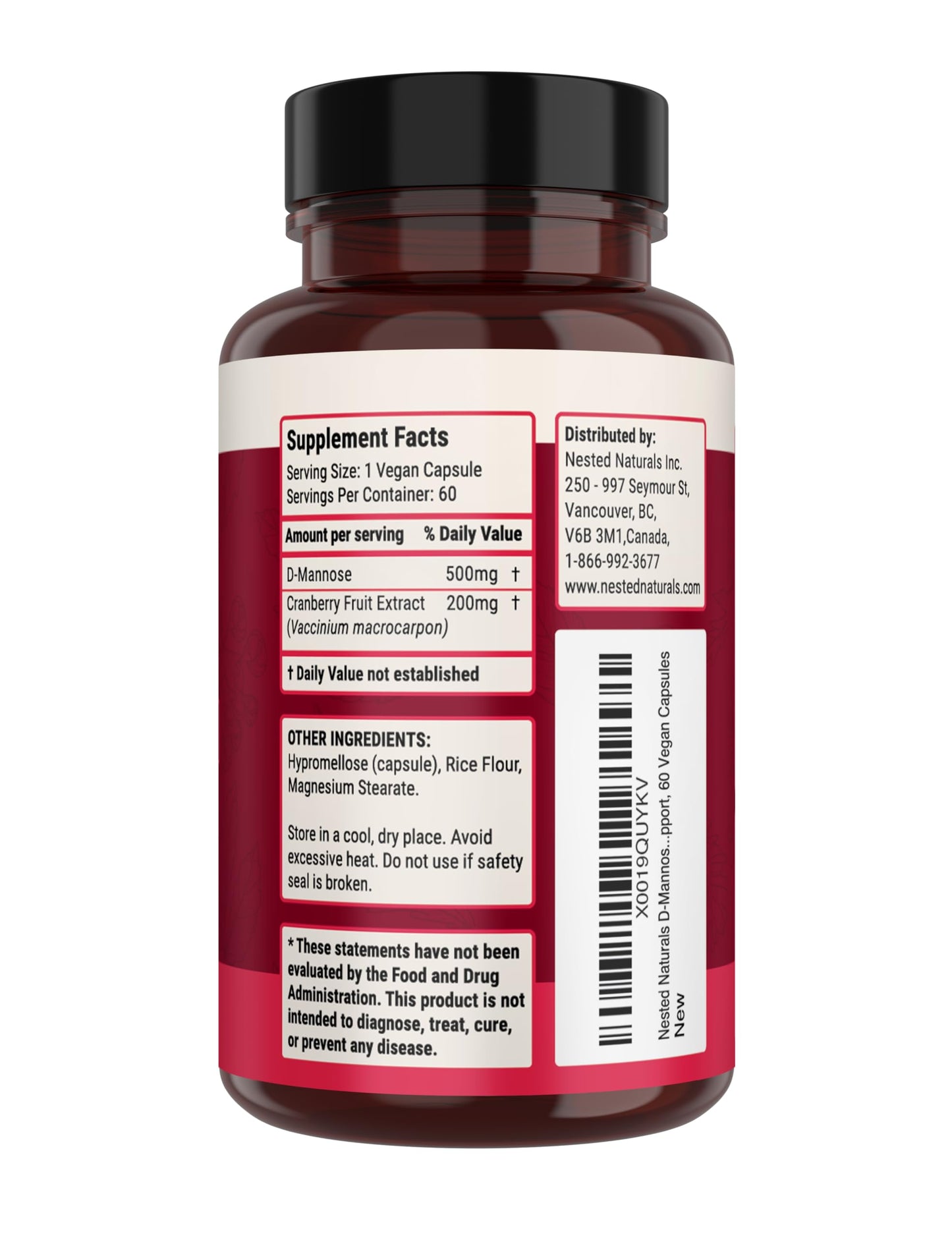 Nested Naturals D-Mannose 500mg Caspules with Cranberry Extract, D Mannose Cranberry Pills, Urinary & Bladder Support, 60 Vegan Capsules