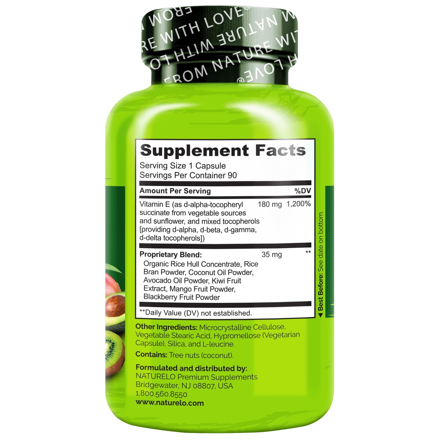 NATURELO Vitamin E - 180 mg (300 IU) of Natural Mixed Tocopherols from Organic Whole Foods - Supplement for Healthy Skin, Hair, Nails, Immune & Eye Health - Non-GMO, Soy Free - 90 Vegan Capsules