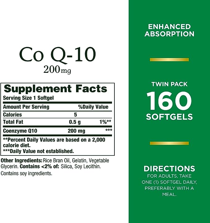 Nature’s Bounty CoQ10 200 mg Softgels, Heart Health & Cellular Energy Support, Twin Pack, 160 Rapid Release Softgels