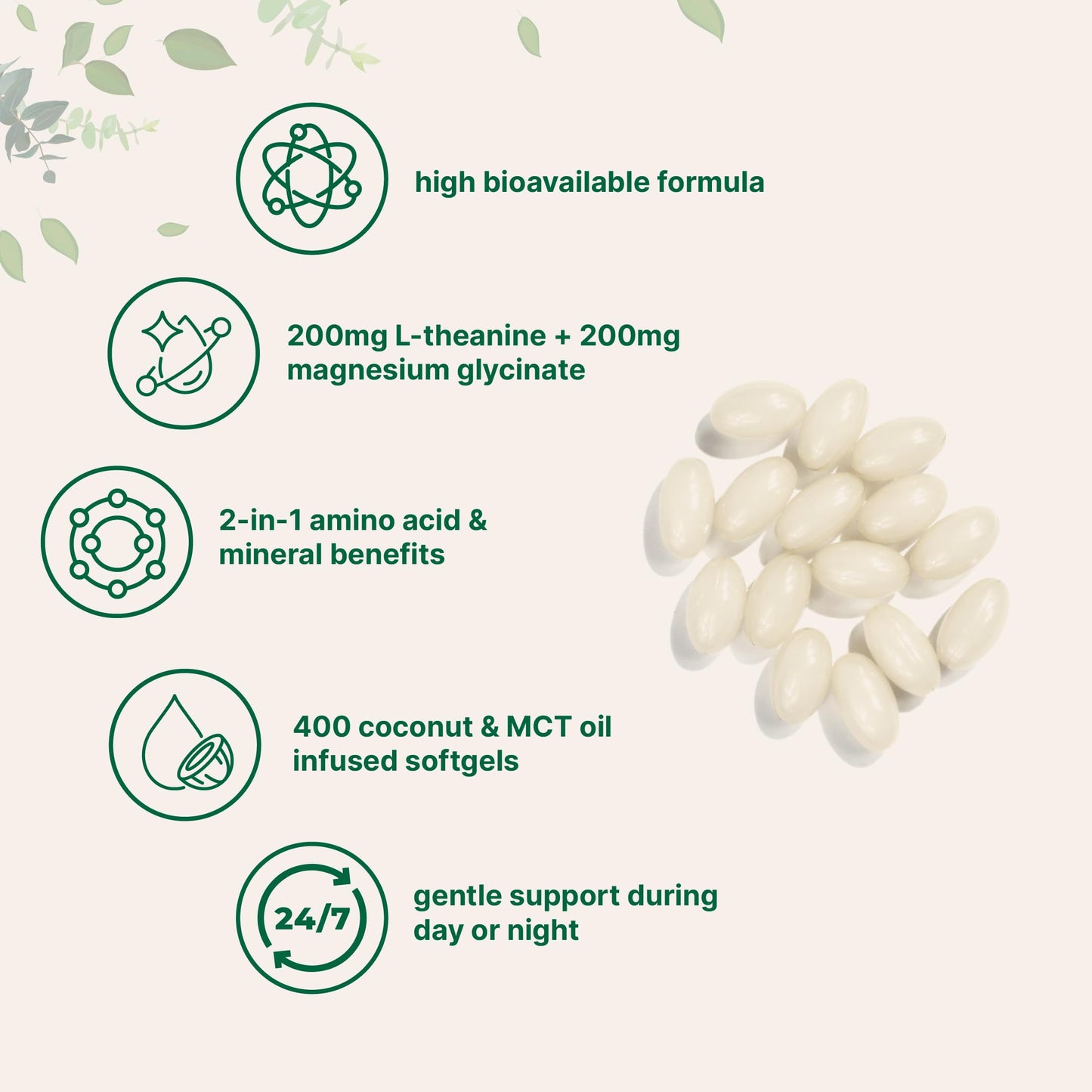L-Theanine 200mg with Magnesium Glycinate, 400 Coconut MCT Oil Softgels | Relaxation, Focus & Muscle Support Supplement | 2-in-1 Amino Acid & Mineral Complex | Gentle Care All Day & Night