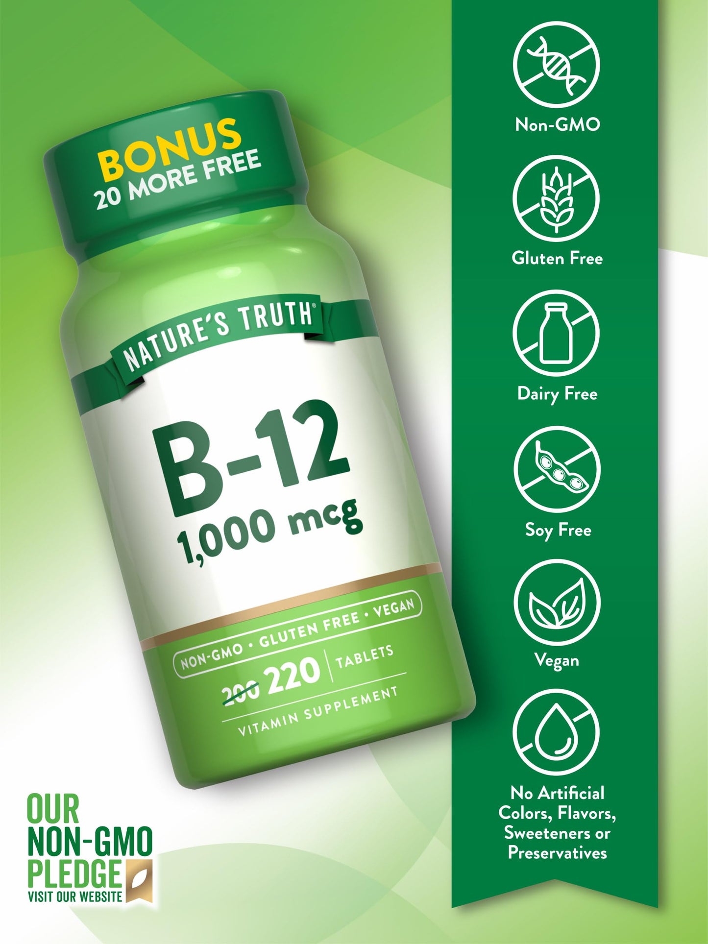 Nature's Truth Vitamin B12 Tablets | 1000 mcg | 220 Count | Vegan, Non-GMO & Gluten Free Supplement