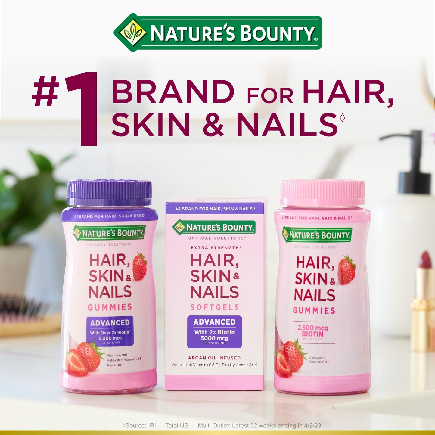 Nature's Bounty Optimal Solutions Advanced Hair, Skin, Nails, 2X Biotin, 80 Strawberry Gummies, 40 Total Servings
