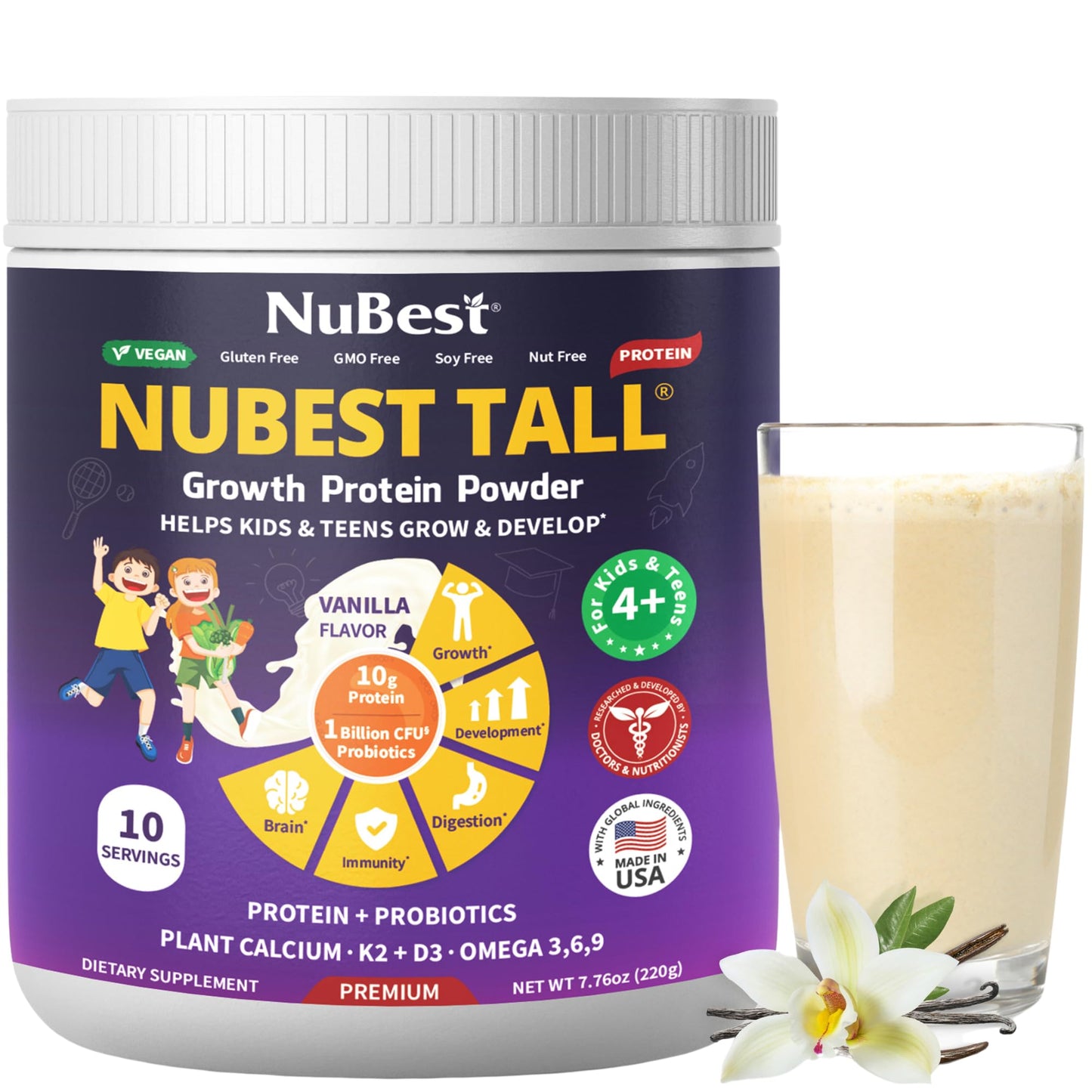 NuBest Protein Powder - Vanilla Plant Based Protein - Vegan Protein Powder for Kids & Teens - Healthy & Immunity with Probiotics, Omega 3-6-9, Vitamin D3 + K2, Calcium & Vitamins - 10 Servings
