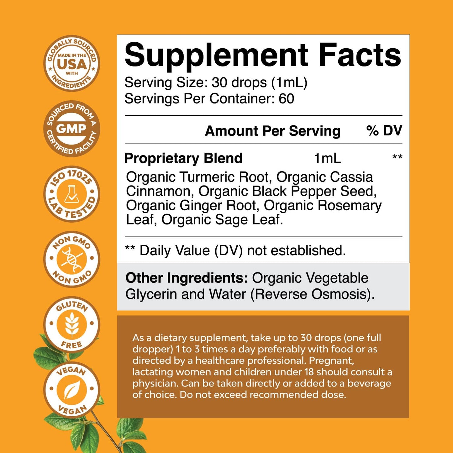 Organic Turmeric Liquid Drops for Adults - Turmeric Curcumin with Black Pepper, Cinnamon & Ginger Extract Liquid for Joint Pain, Mobility & Inflamation - Curcumin Drops for Immune Support - 60ml (2oz)