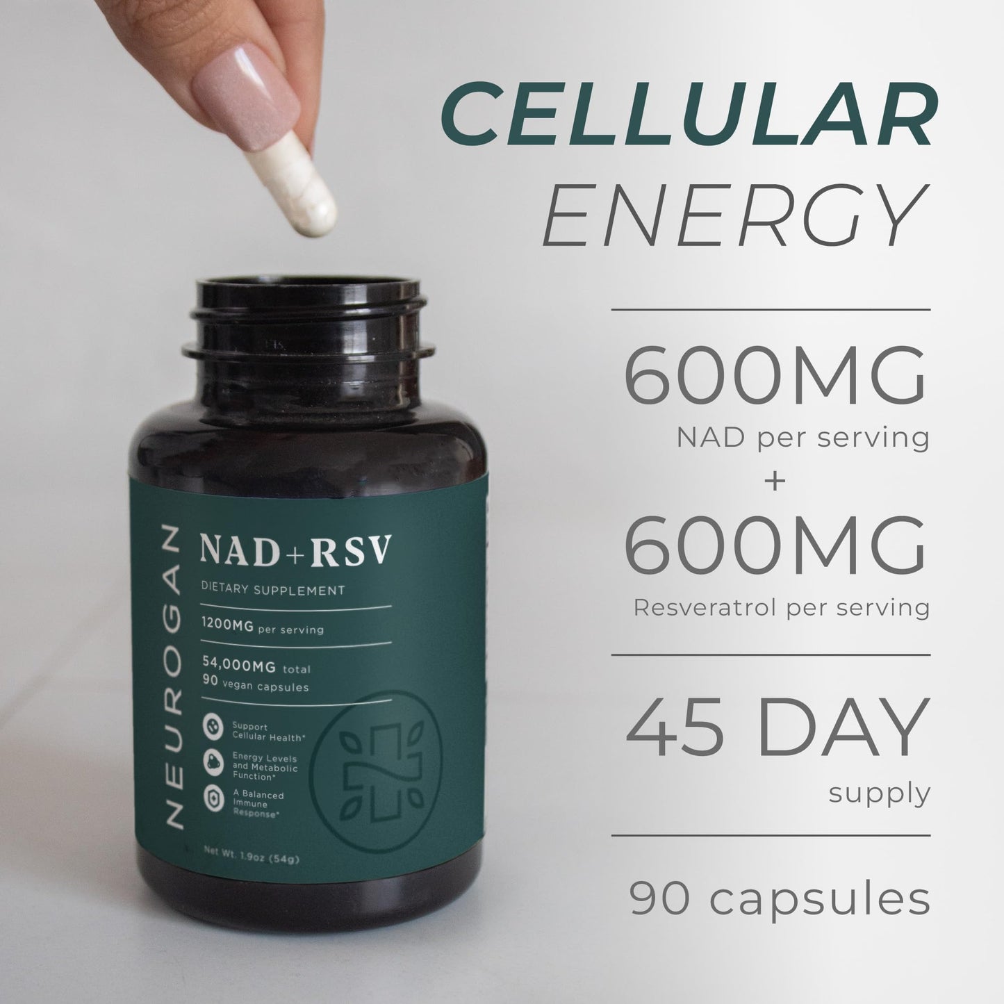 Neurogan NAD+ with Resveratrol Capsules 1:1 Ratio - 1200mg Per Serving, 90 Ct - Cellular Health & Healthy Aging Supplements, Energy & Immune Support - Nicotine Adenine Dinucleotide NAD+ Supplement