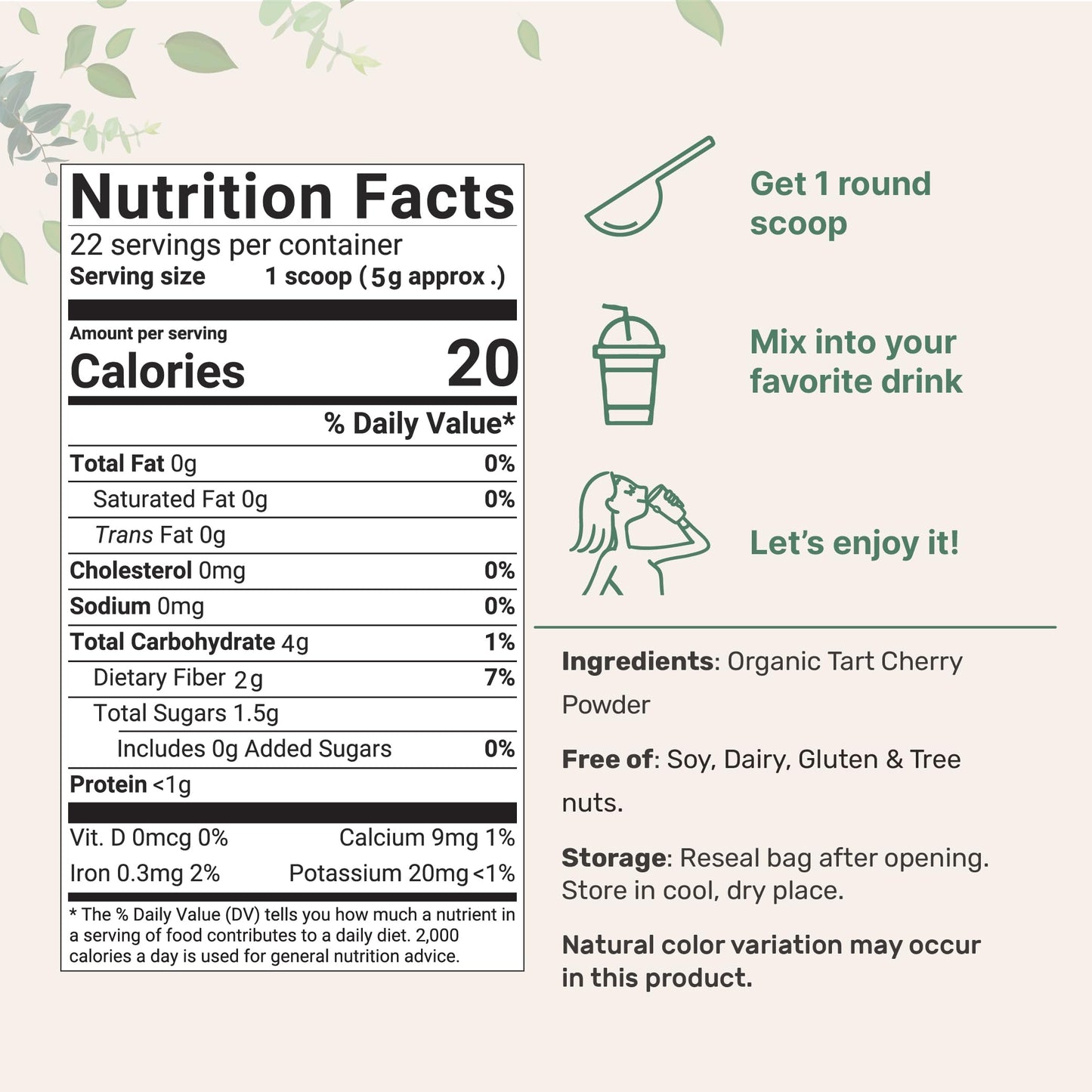 Pre-Order | Arrives in 5–10 Days – Organic Tart Cherry powder, 4oz | 100% Natural Fruit Powder | US Grown Tart Cherries Source | No Sugar & Additives | Great Flavor for Drinks, Smoothie, & Beverages | Non-GMO & Vegan Friendly