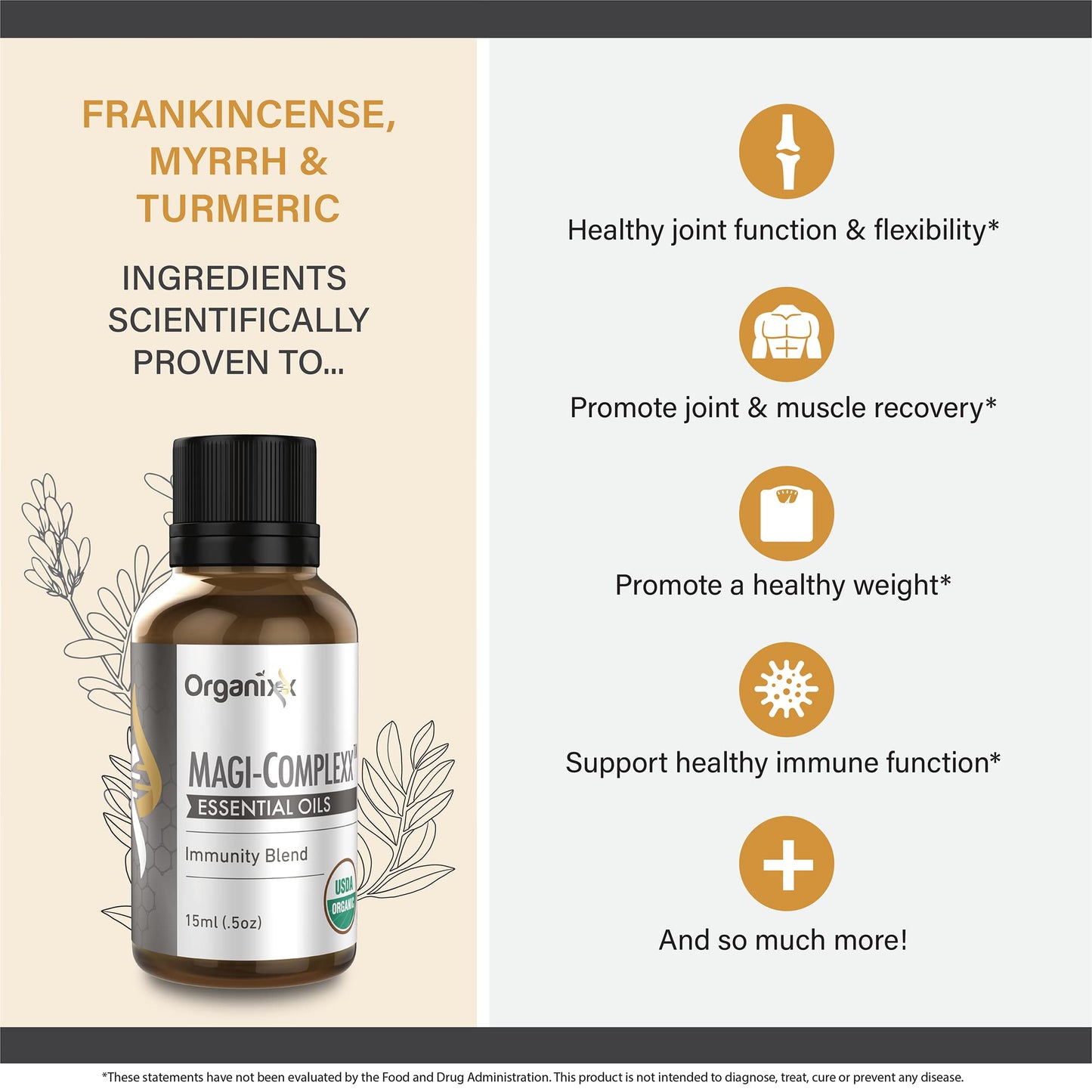 Organixx Magi Complexx Essential Oils Magi for Immune Support with Turmeric, Frankincense, Myrrh, Pure, Natural, Zero Additives, Use in Oil Diffuser, Bath Water, Lotions, Immunity Blend, Non GMO, 5 ml