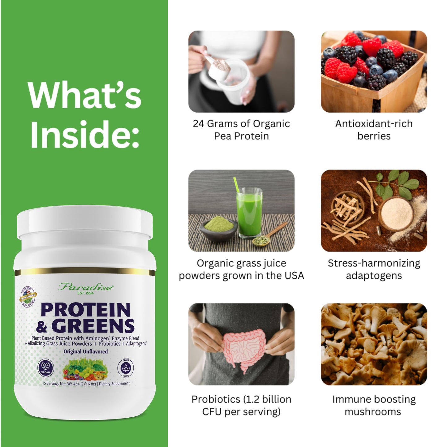 Paradise Herbs ORAC Energy Protein & Greens Powder, Antioxidant Power of 24 Servings of Fruits & Vegetables in 1 Scoop + 20g Protein, Unflavored, 15 Servings