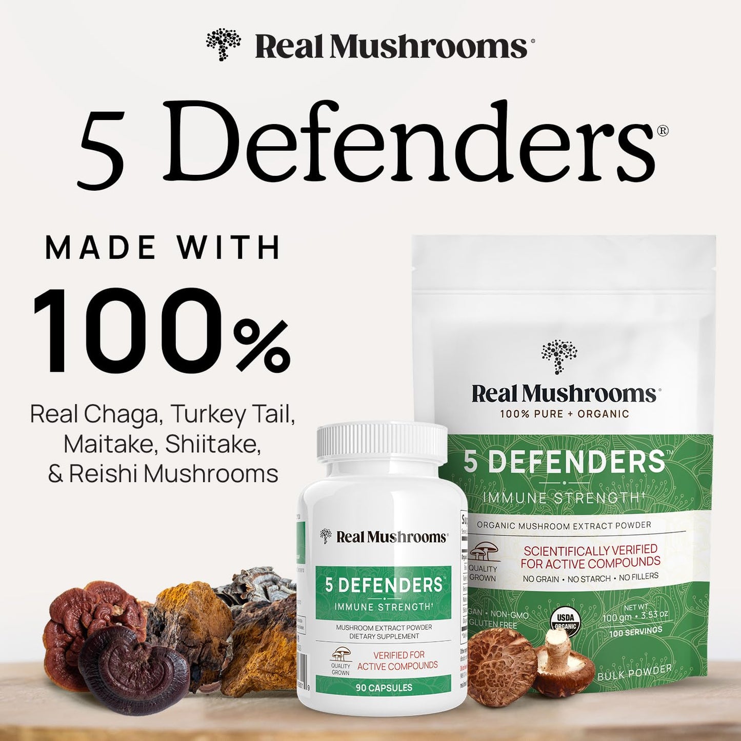 Real Mushrooms 5 Defenders - Adaptogenic Mushrooms Complex with Chaga, Reishi, Turkey Tail, Maitake & Shiitake for Wellness Support - Mushroom Beta Glucan Capsules - 90 Count