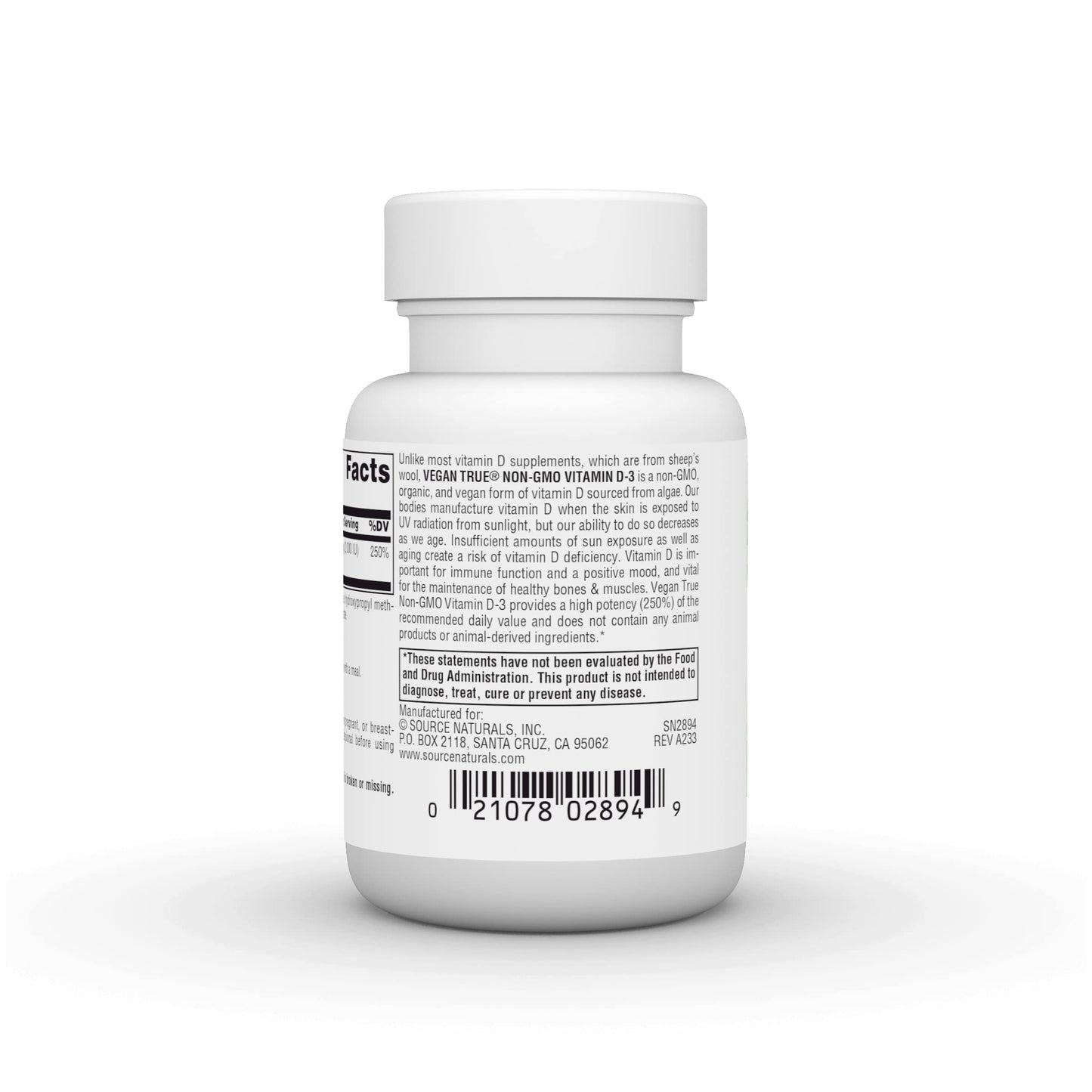Pre-Order | Arrives in 5–10 Days – Source Naturals Vegan True, Non-GMO Vitamin D-3, Dietary Supplement for Immune and Bone Health*, 2,000 IU - 60 Capsules